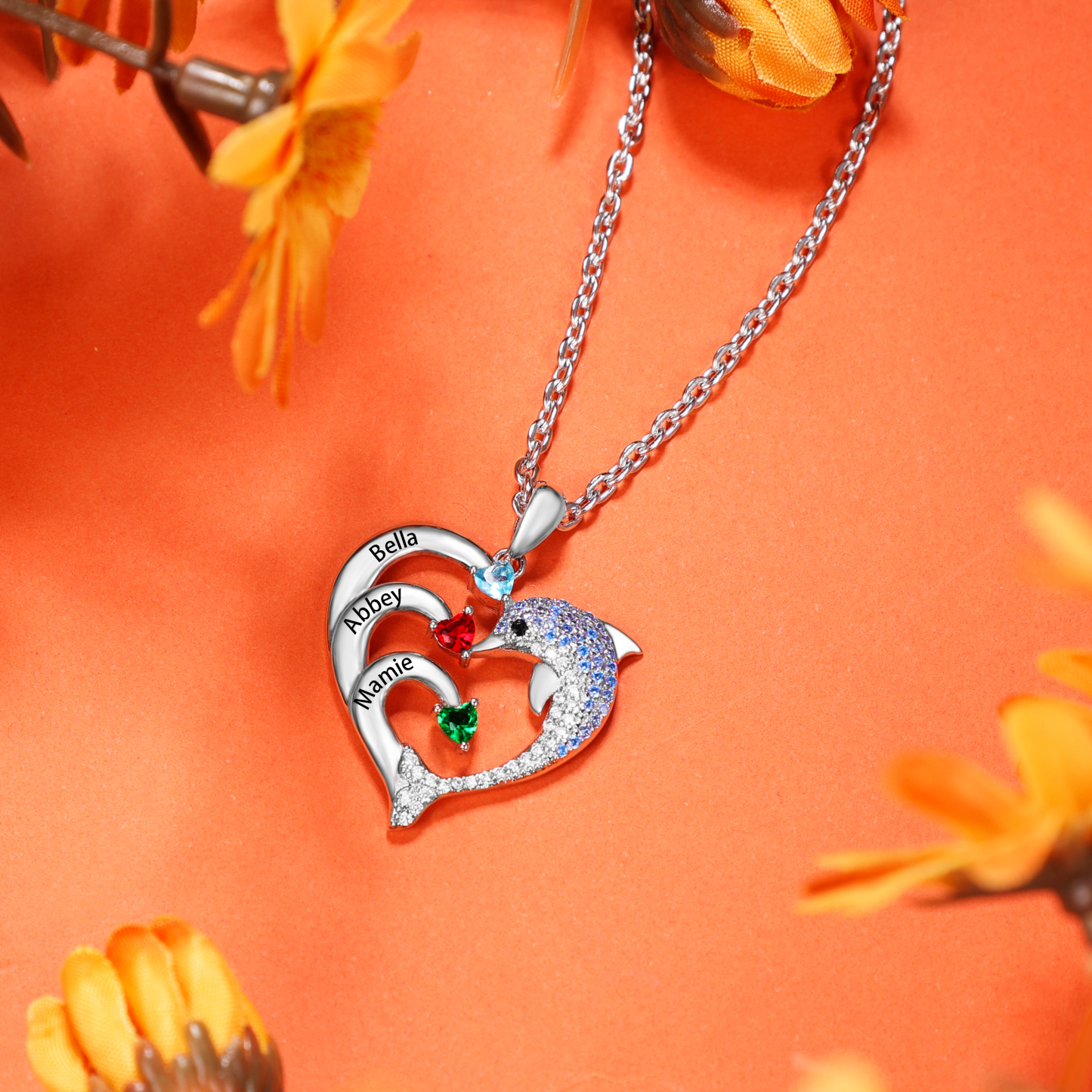 Personalised Heart Dolphin Necklace With 3 Birthstones Engraved Names Gift For Her-Jessemade AU