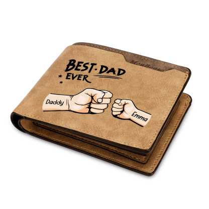 Best Dad Ever - Custom 2 Names & 1 Text Billfold Wallet Personalised Fist Bump Men's Leather Wallet