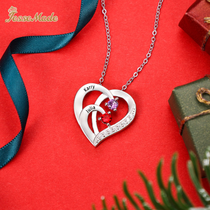 Personalised Mother Necklace 2 Stones Engraved 2 Names Birthstone Intertwined Heart Pendant Gifts for Her-Jessemade AU