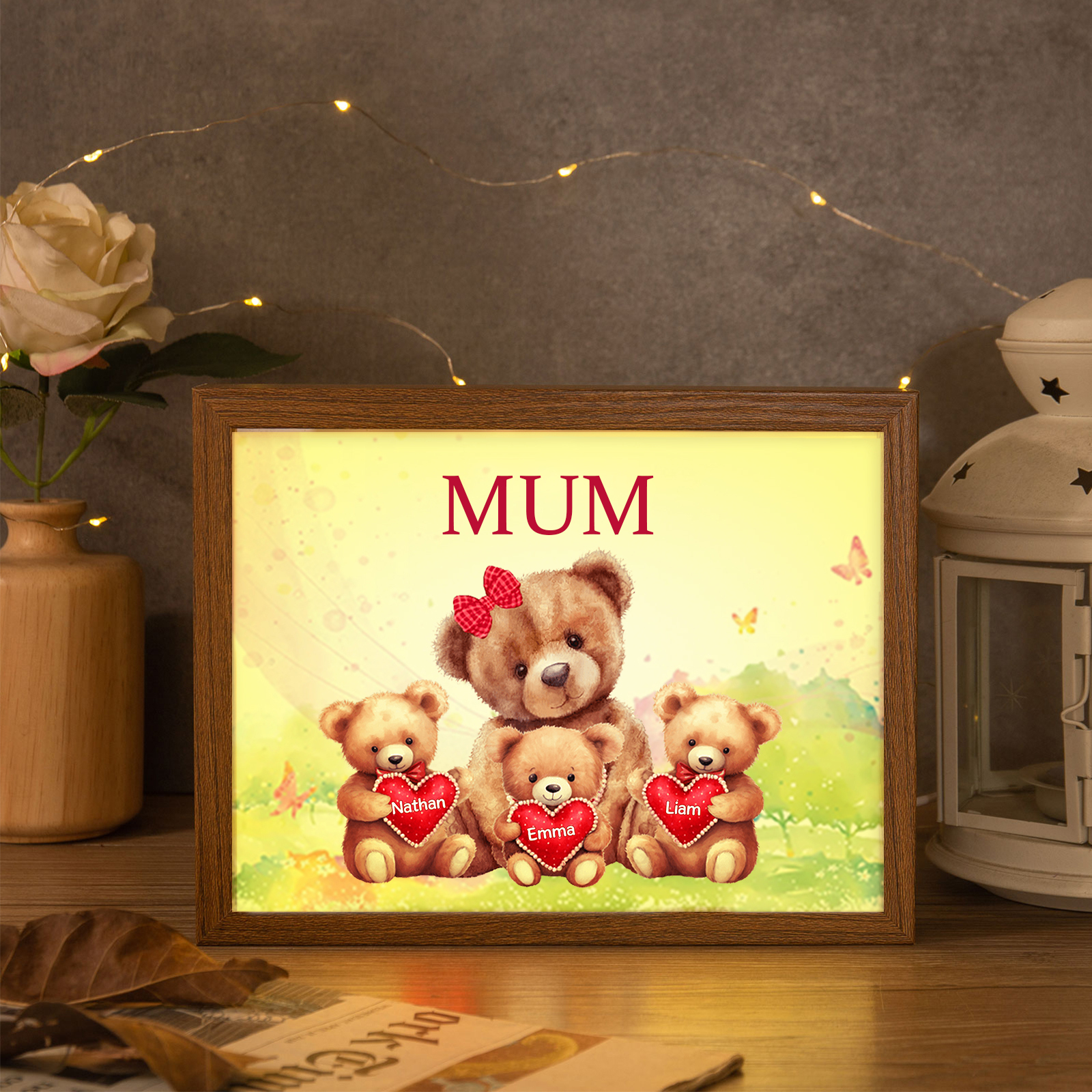 Personalised Frame Night Light Custom 1 Text  & 3 Names Teddy Bears Family Ornament Gifts for Mother/Grandma-Jessemade AU