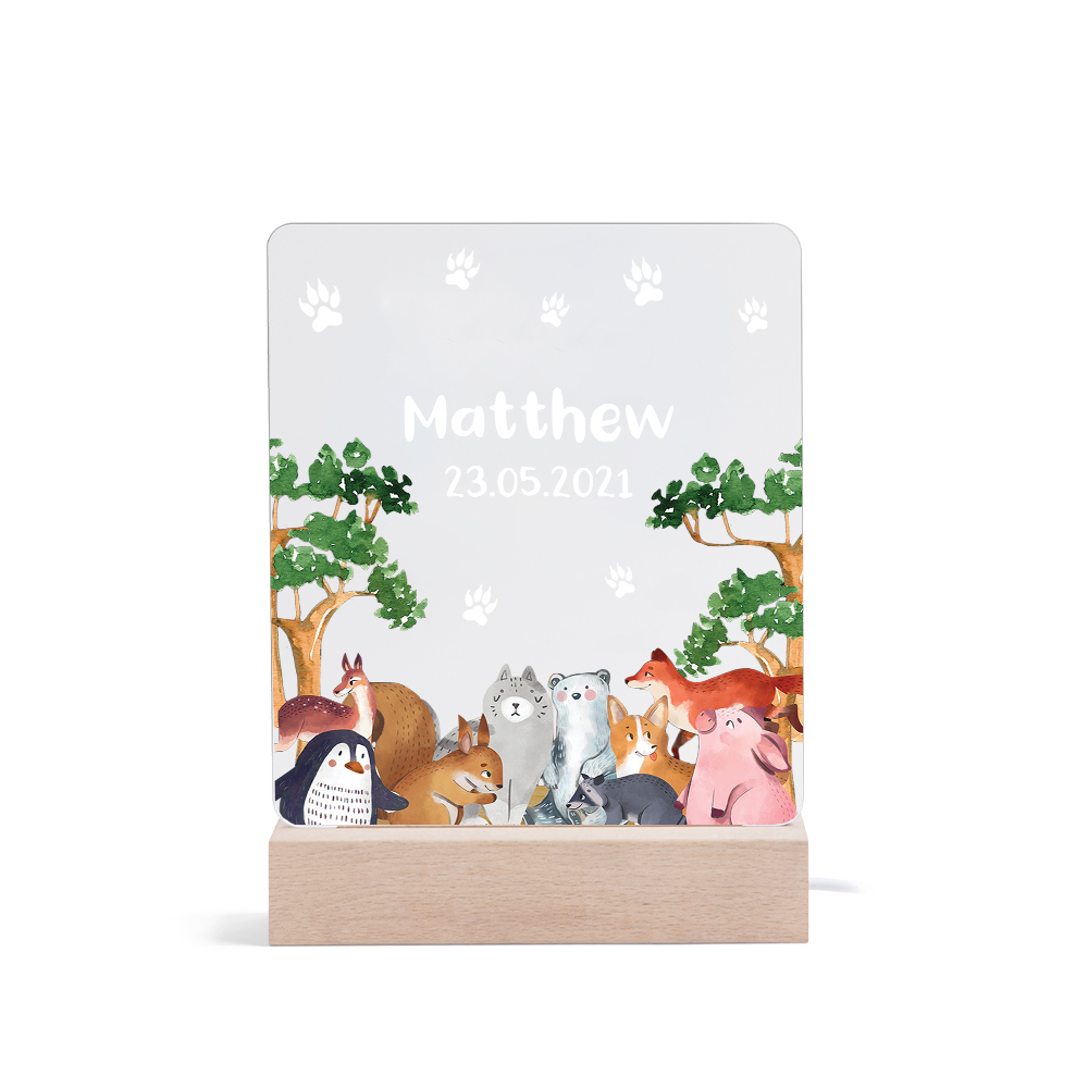Personalised Name Night Light Animal Zoo Wood LED Night Light Custom Date Nursery Birthday Gifts For Kids-Jessemade AU
