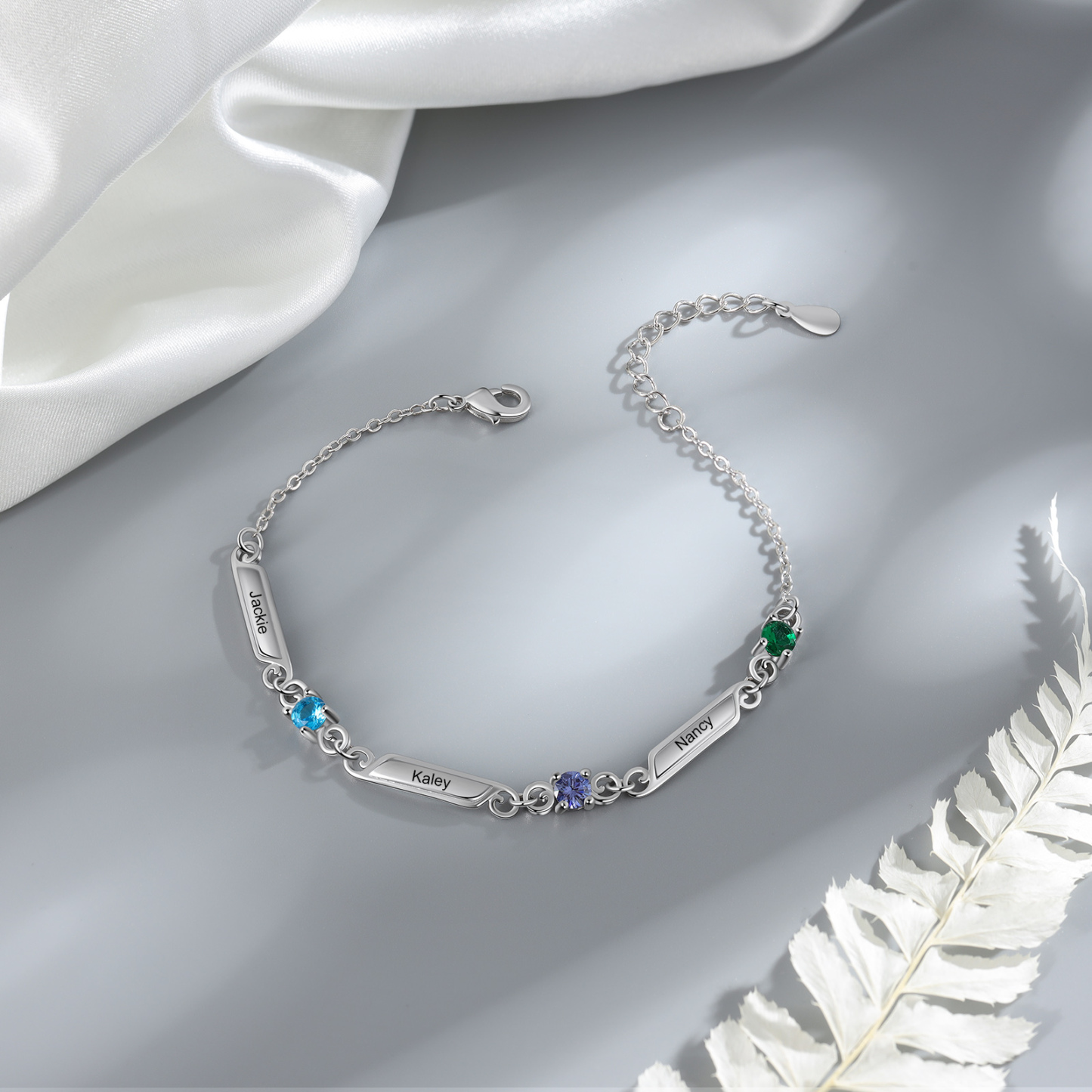 Personalised Family Name Bracelet With 3 Birthstones Engraved Names Gift For Her-Jessemade AU
