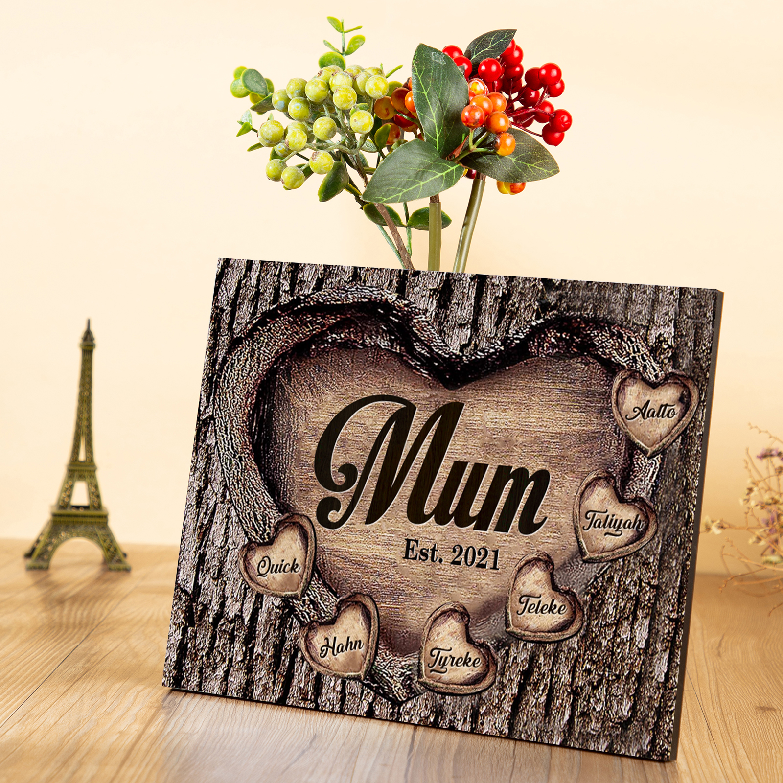 6 Names - Personalised Mum Wooden Plaque Custom Date & Names Home Decoration Hearts Gift for Mother-Jessemade AU