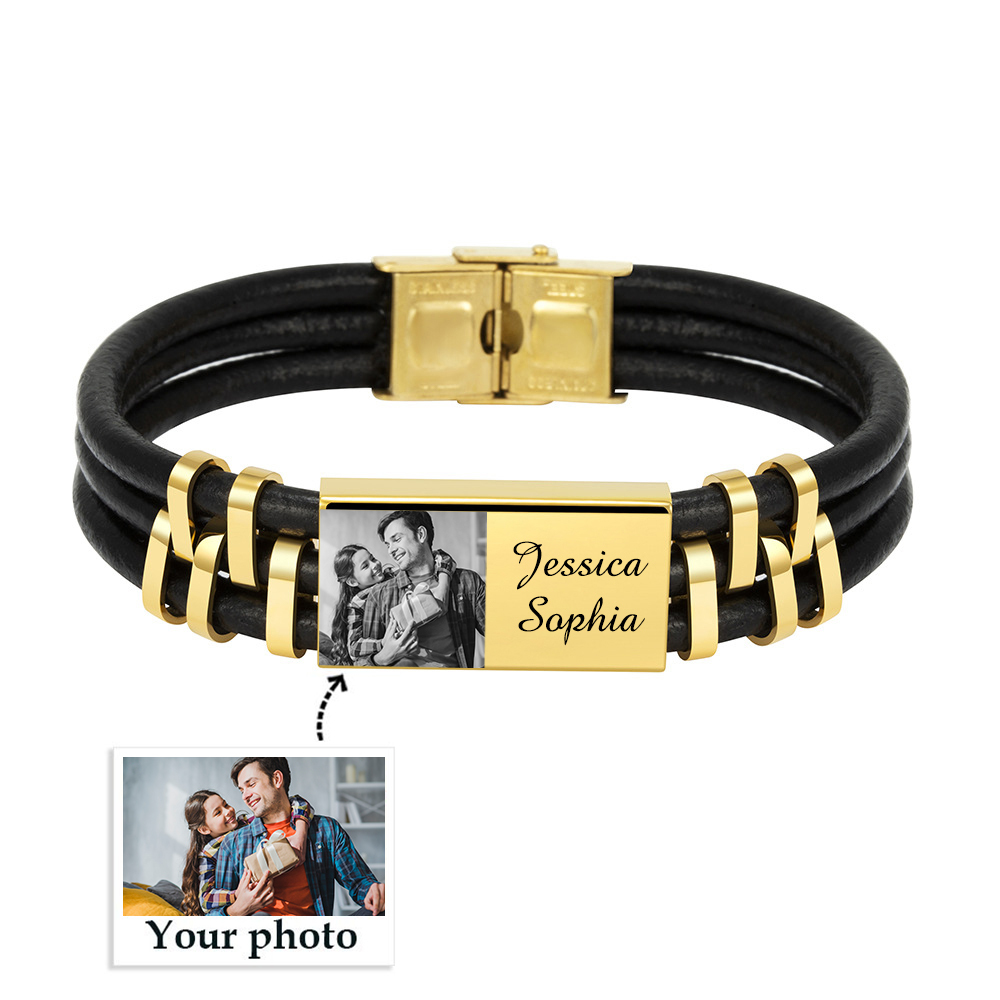 Personalised Leather Bracelet Custom Photo Initial ID Bar Men's Bracelet Bangle Gifts For Him-Jessemade AU