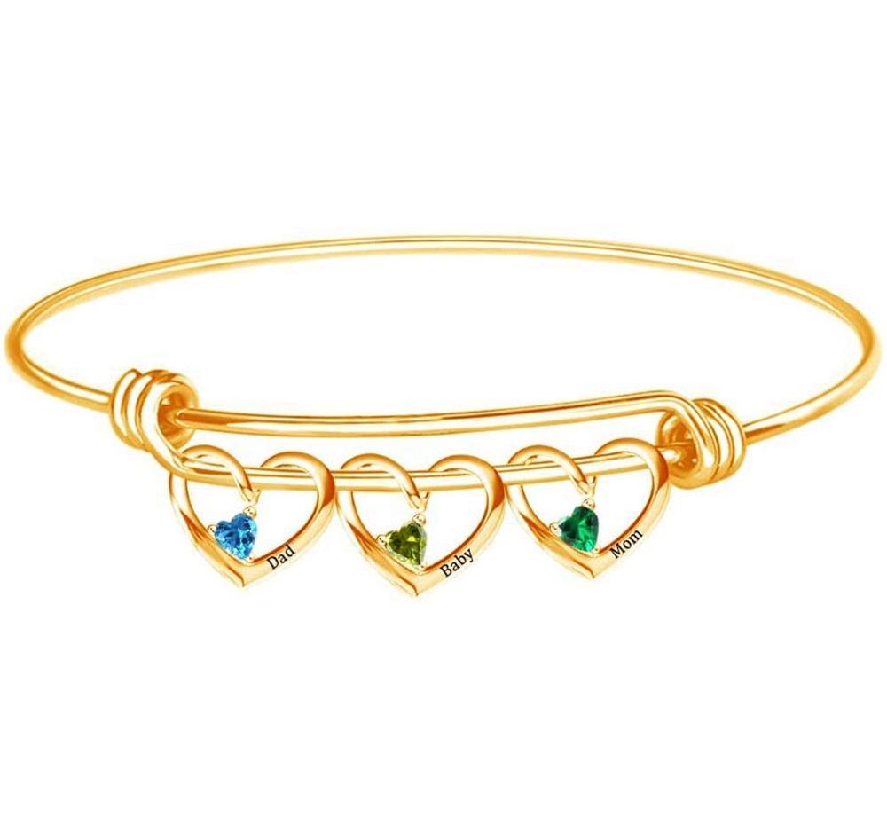 Personalised Heart Bracelet With 3 Birthstones Engraved Names Bracelet Gift For Women-Jessemade AU