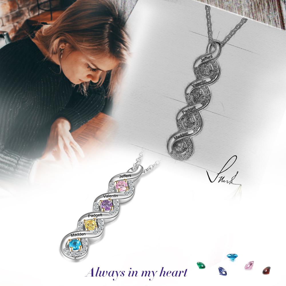 Personalised DNA Necklace With 4 Birthstones Engraved Names Gift For Women-Jessemade AU