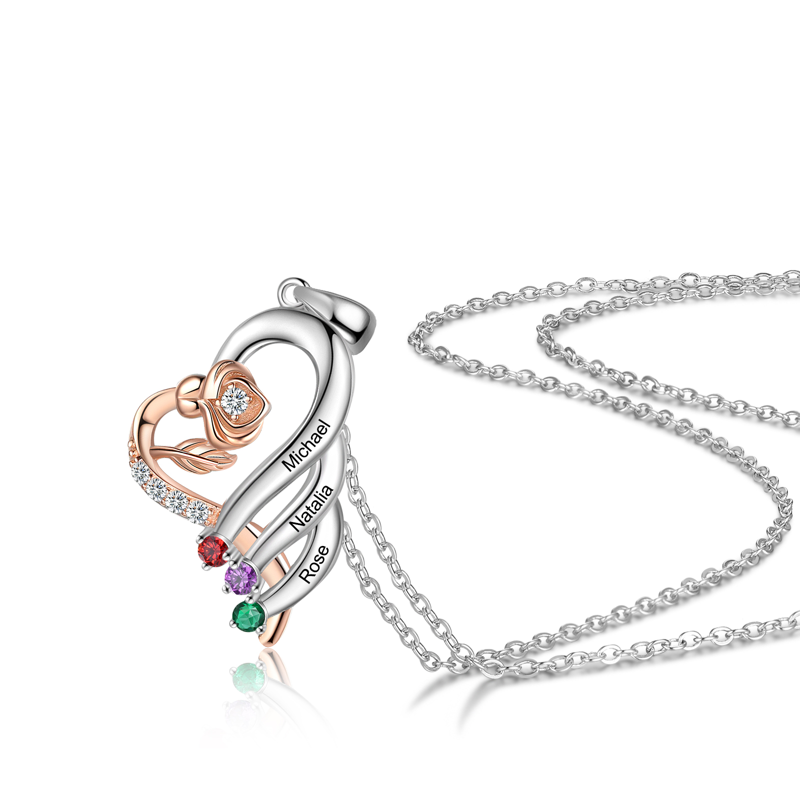 Personalised Flower Necklace With 3 Birthstones Engraved Names Necklace Gift For Women-Jessemade AU