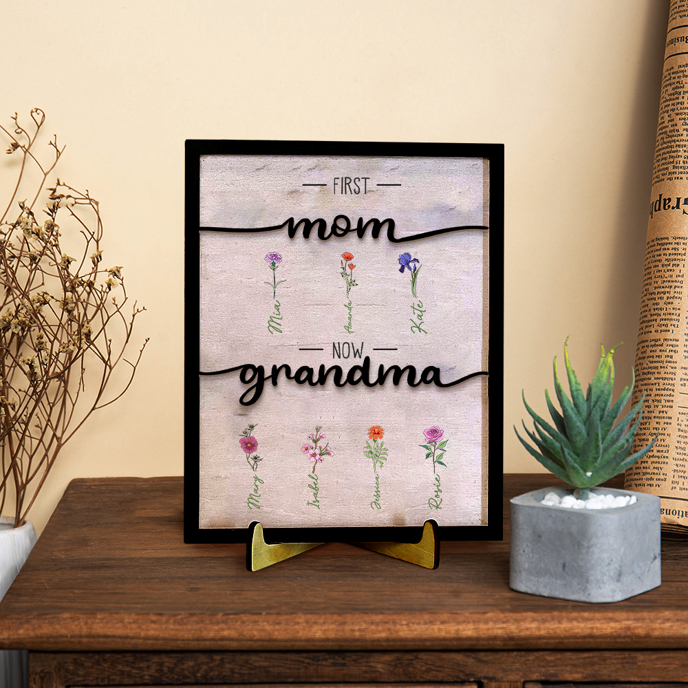 Personalised Birth Flowers Wooden Plaque Custom 2–10 Names Desktop Decor With Stand Gifts for Grandma/Mother-Jessemade AU