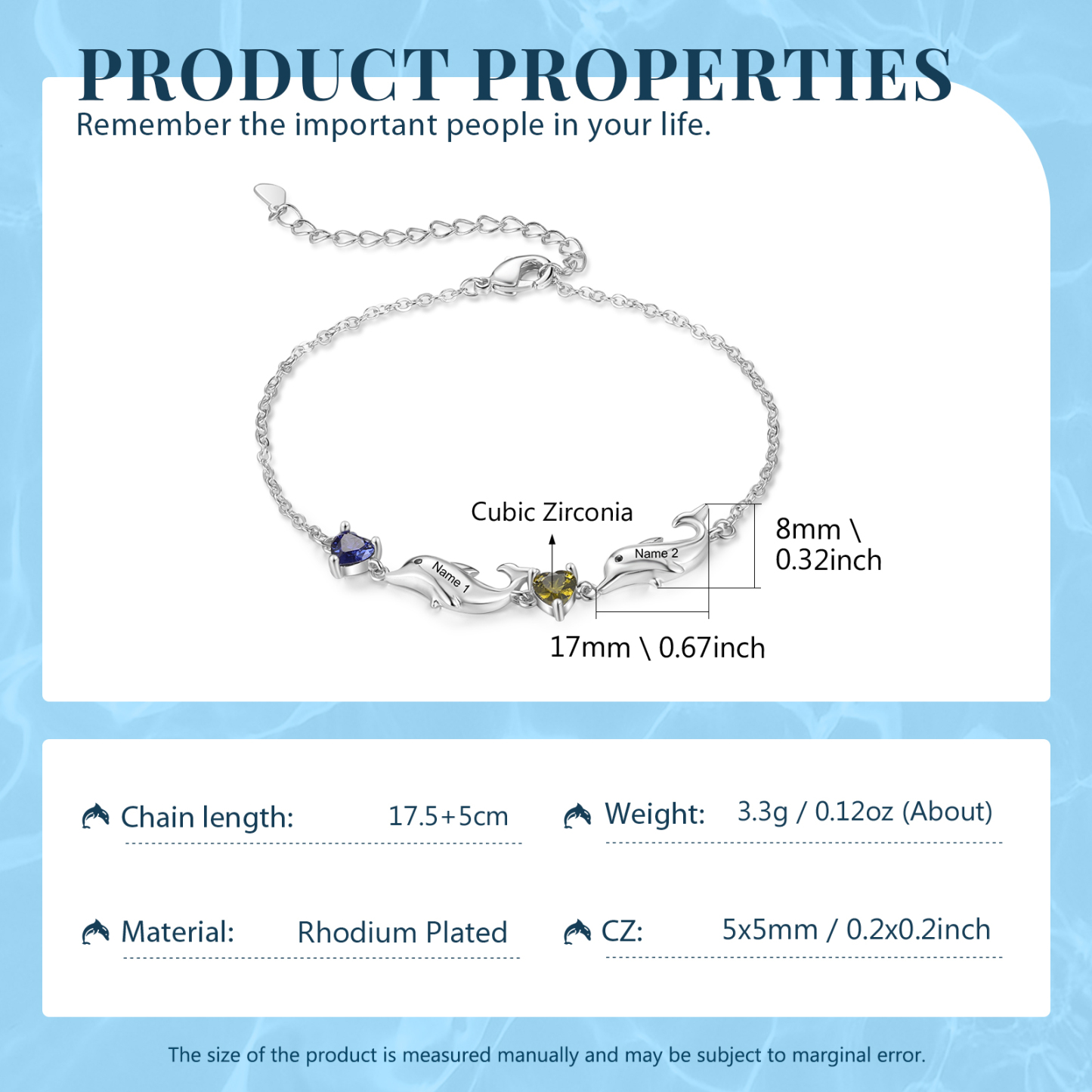 Dolphin Bracelet Personalised 2 Birthstones & 2 Names Women Bracelet-Jessemade AU