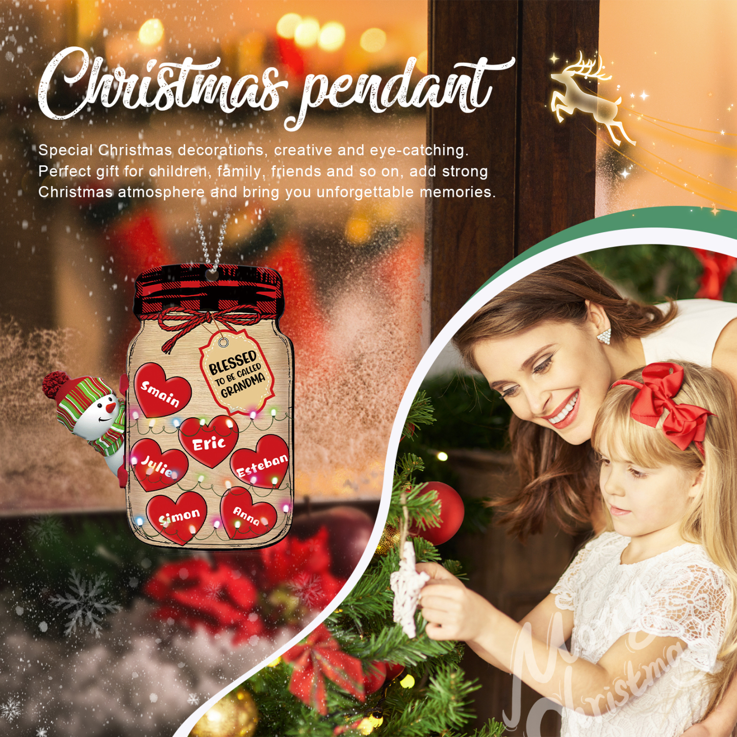 6 Names - Personalised Heart Christmas Ornament Customised Name & Text Acrylic Snowman Hanging Ornaments Jar Gift for Family-Jessemade AU