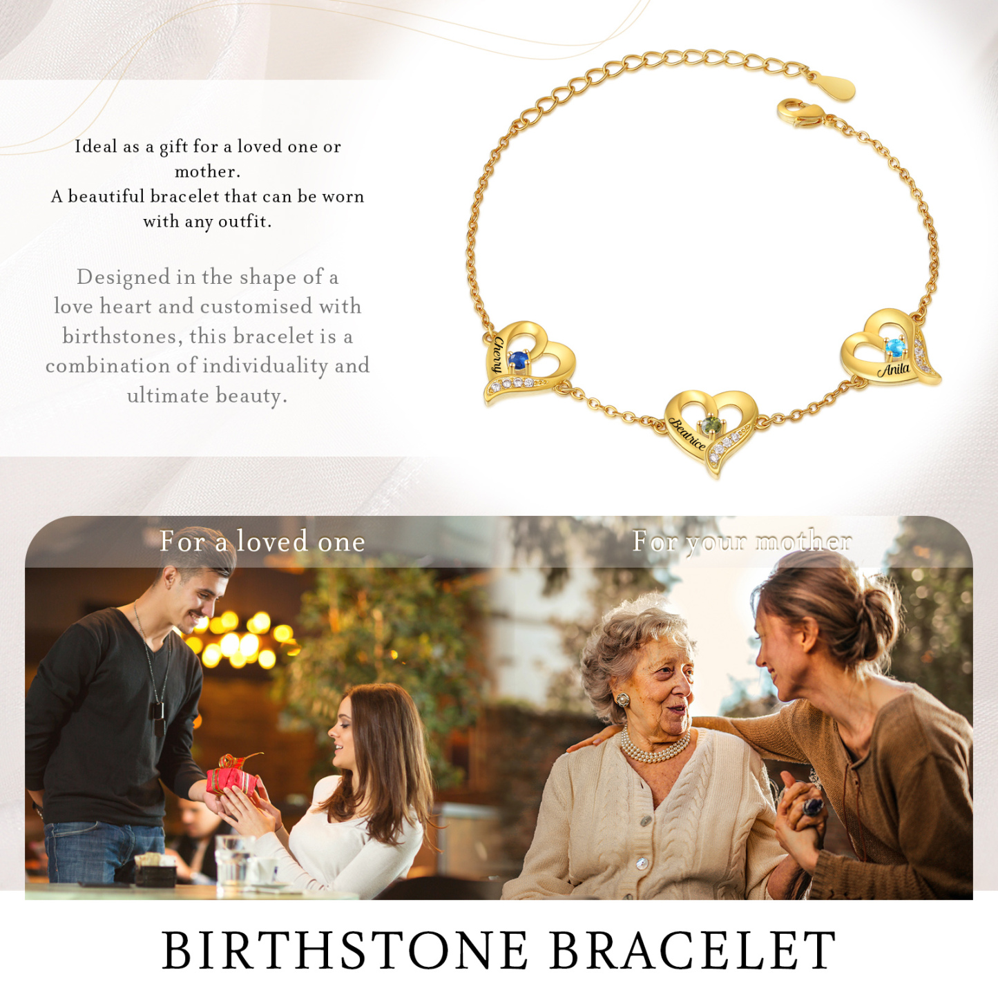 3 Names - Personalised Heart Bracelet Custom Names & Birthstones Bracelets Valentine's Day Gift For Her-Jessemade AU
