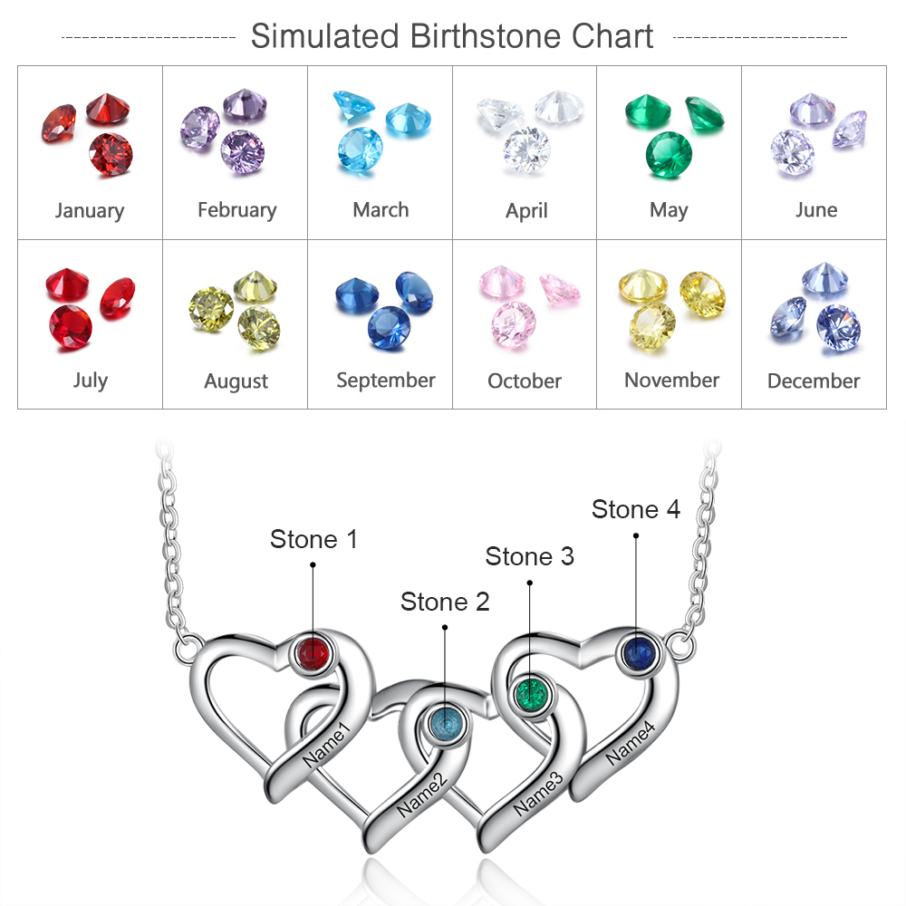 Personalised Heart Necklace With 4 Birthstones Engraved Names Gift For Her-Jessemade AU