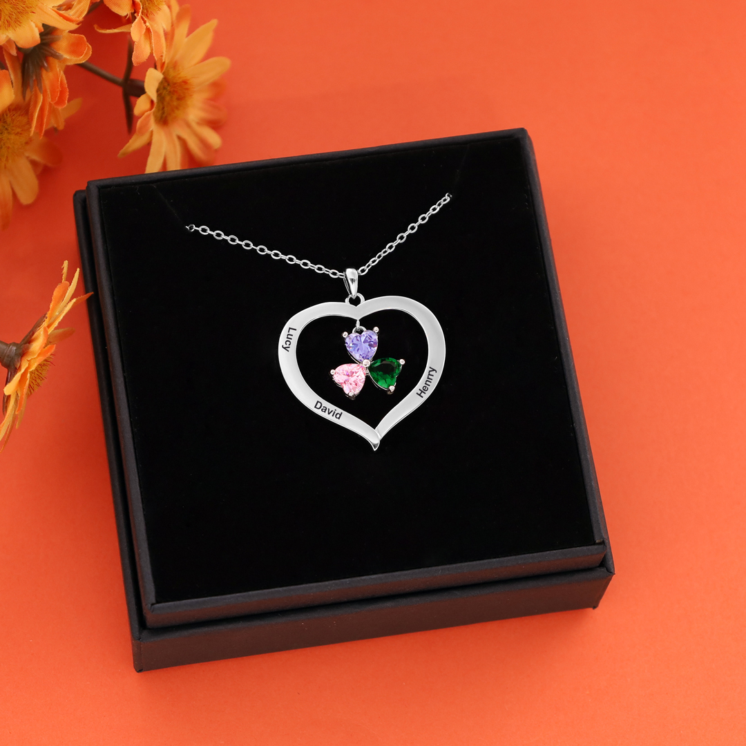 Personalised Heart Pendant Necklace with 3 Birthstones Engraved Names Family Necklace Gifts for Her-Jessemade AU