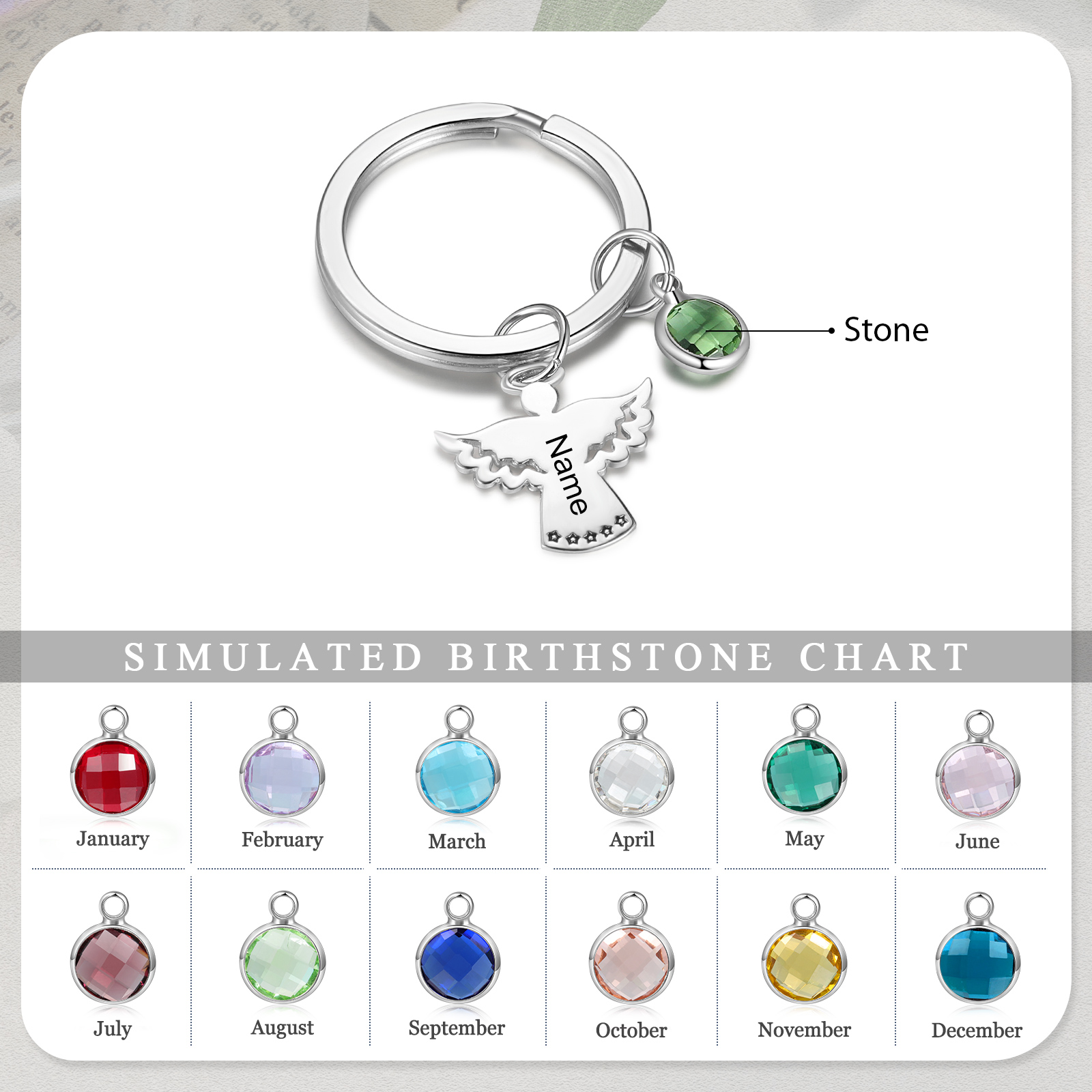 Personalised Guardian Angel Keychain Customised Name & Birthstone Stainless Steel Keyring Special Gift-Jessemade AU