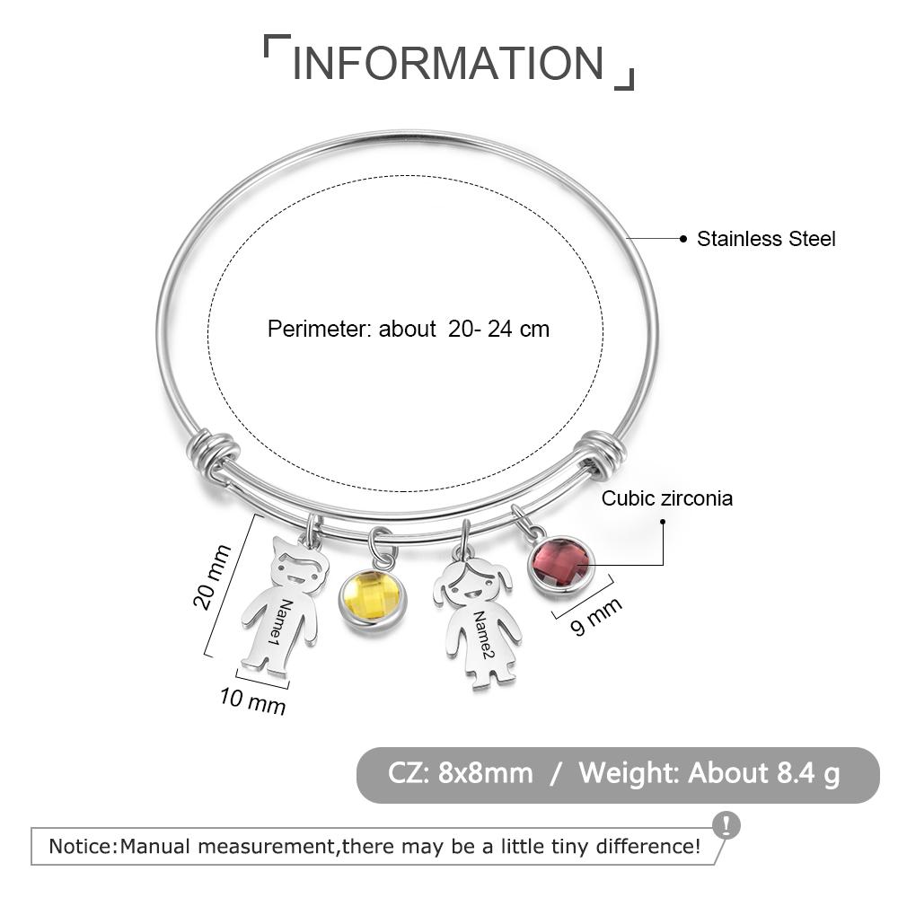 Bangle Bracelet with Kids Charms 2 Birthstone Engraved 2 Names Rose Box Set-Jessemade AU