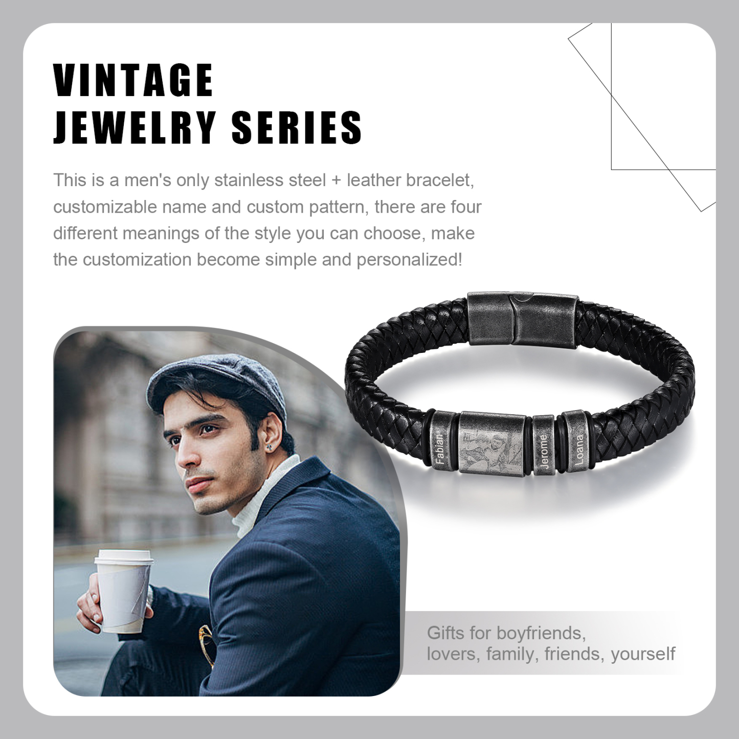 3 Names - Personalised Men's Leather Braided Bracelet Customised Name & Photo Bracelet Vintage Gift for Him-Jessemade AU