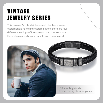 3 Names - Personalised Men's Leather Braided Bracelet Customised Name & Photo Bracelet Vintage Gift for Him-Jessemade AU