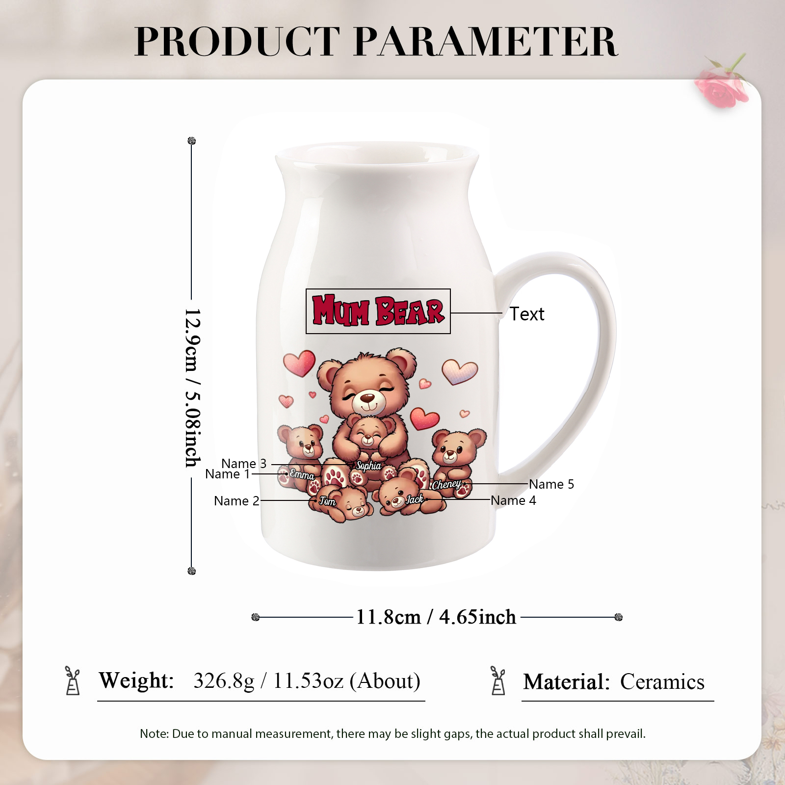 Personalised Ceramic Flower Vase Custom 2–8 Names & 1 Text Bear Family Vase Gift for Mother/Grandma-Jessemade AU