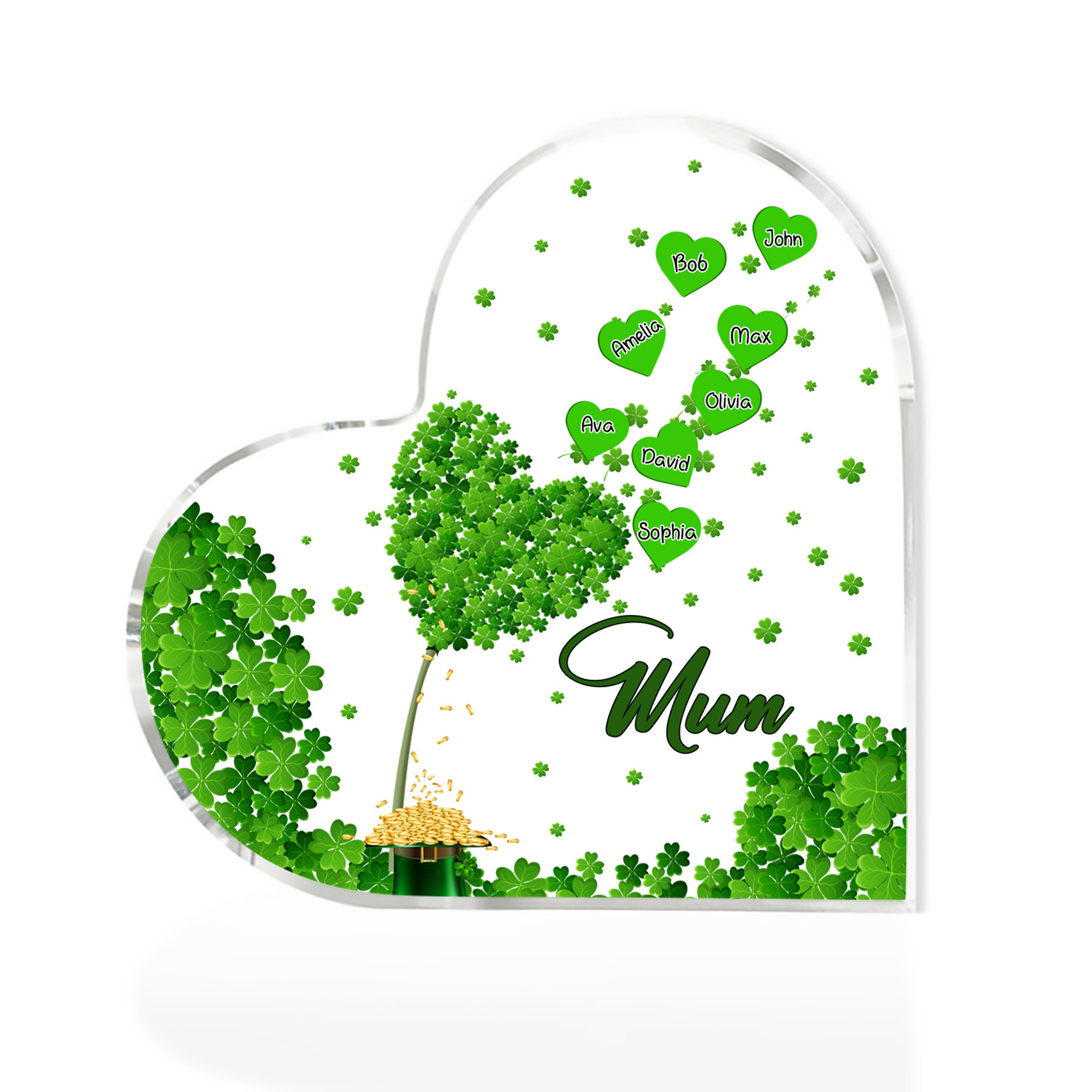8 Names - Personalised Acrylic Heart Keepsake Custom Text Four-Leaf Clover Ornament Gift for Mother/Grandma-Jessemade AU