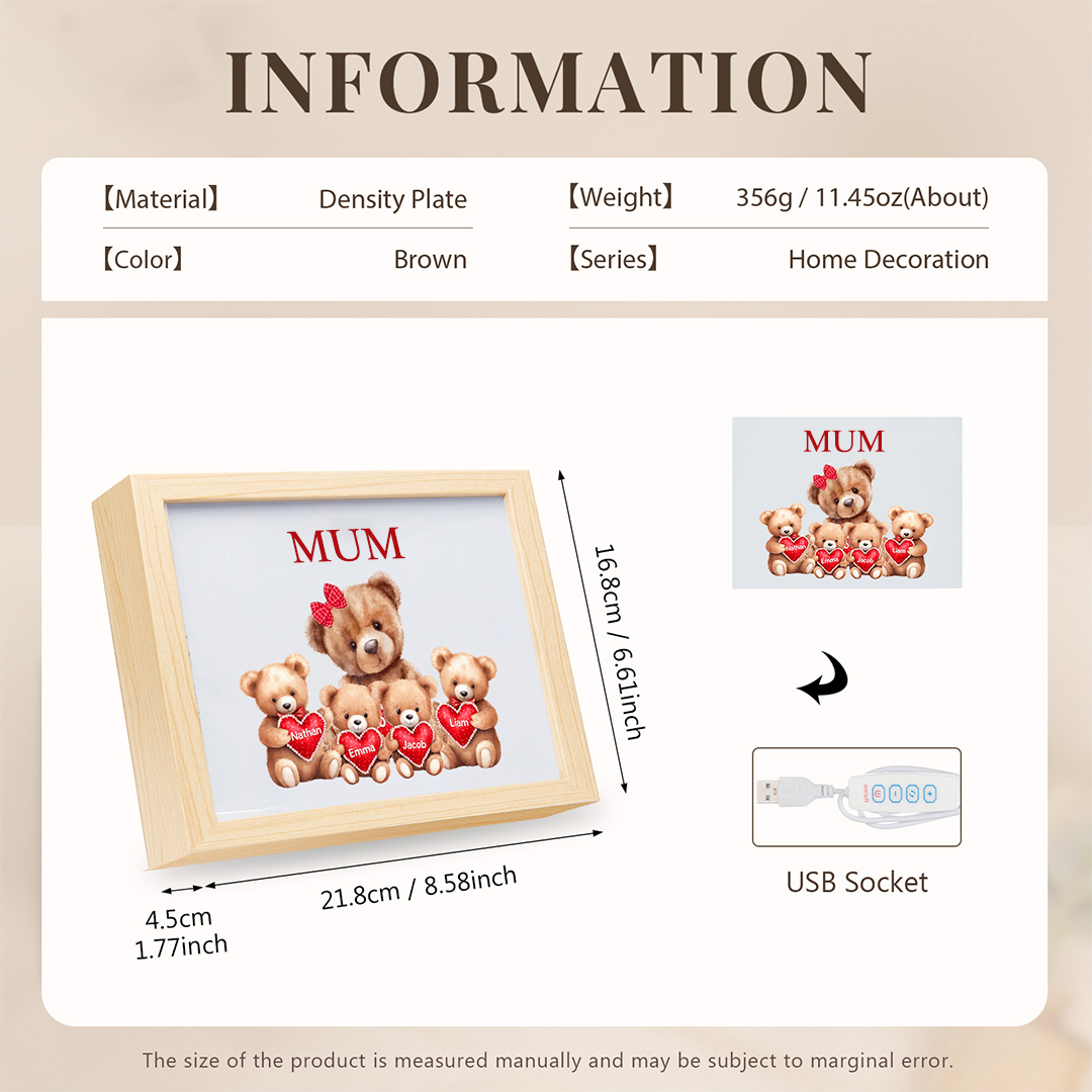 Personalised Frame Night Light Custom 1 Text  & 4 Names Teddy Bears Family Ornament Gifts for Mother/Grandma-Jessemade AU