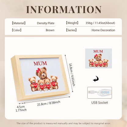 Personalised Frame Night Light Custom 1 Text  & 4 Names Teddy Bears Family Ornament Gifts for Mother/Grandma-Jessemade AU