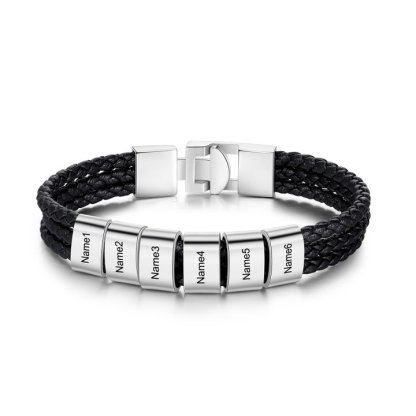 Personalised Braided Leather Bracelet Engraved 6 Names Men's Bracelet Gifts For Him-Jessemade AU