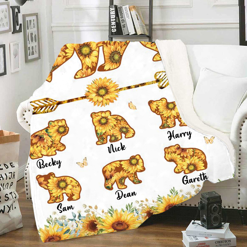 Personalised 6 Names Blanket Sunflowers Bears Family Blanket Mother's Day Gift for Mama-Jessemade AU