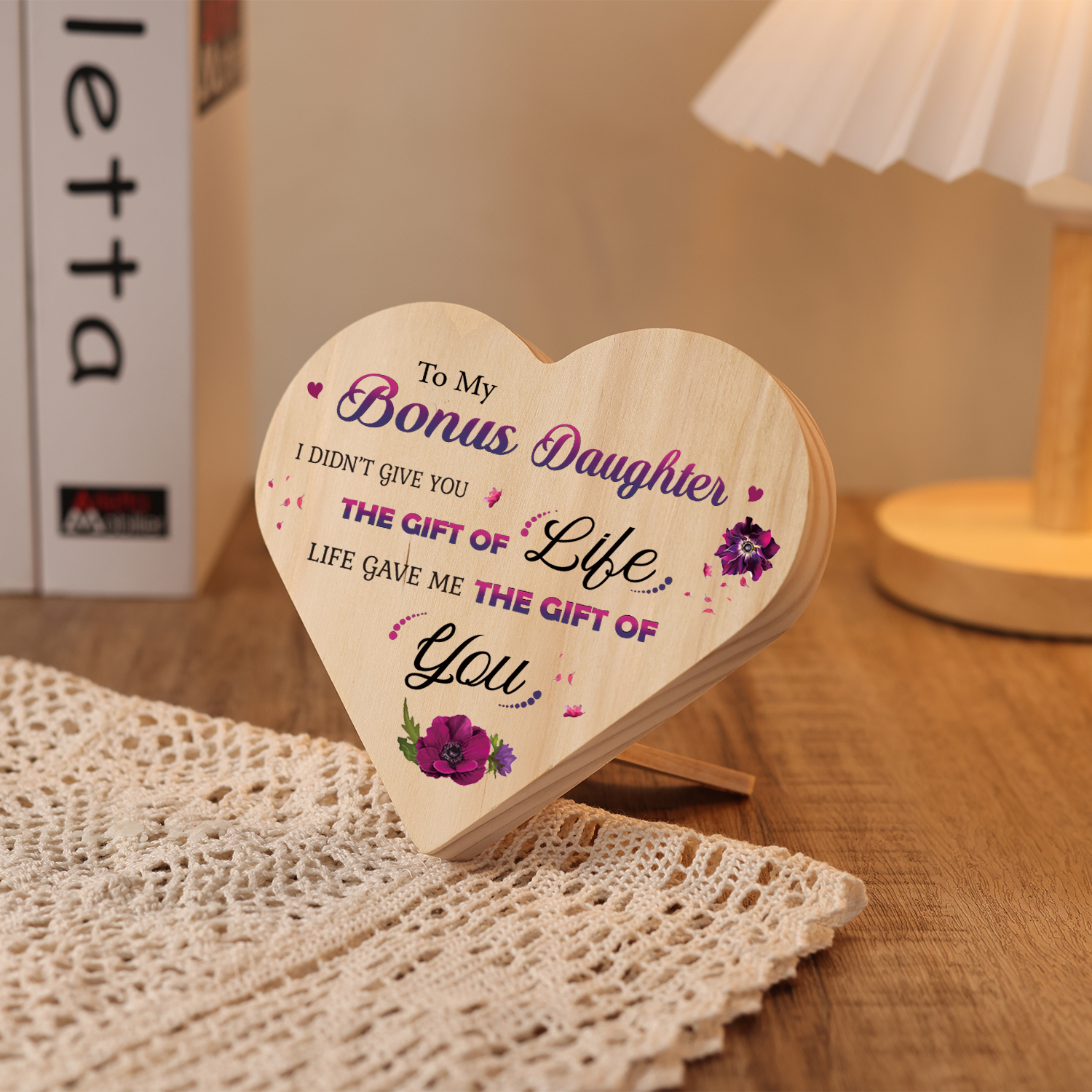 To My Bonus Daughter Violet Wooden Heart Keepsake Desktop Ornament "Life Gave Me The Gift of You"-Jessemade AU
