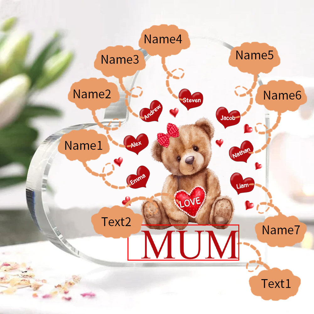 7 Names - Personalised Acrylic Heart Keepsake Custom 2 Texts Teddy Bear Ornaments Gifts for Grandma/Mother-Jessemade AU