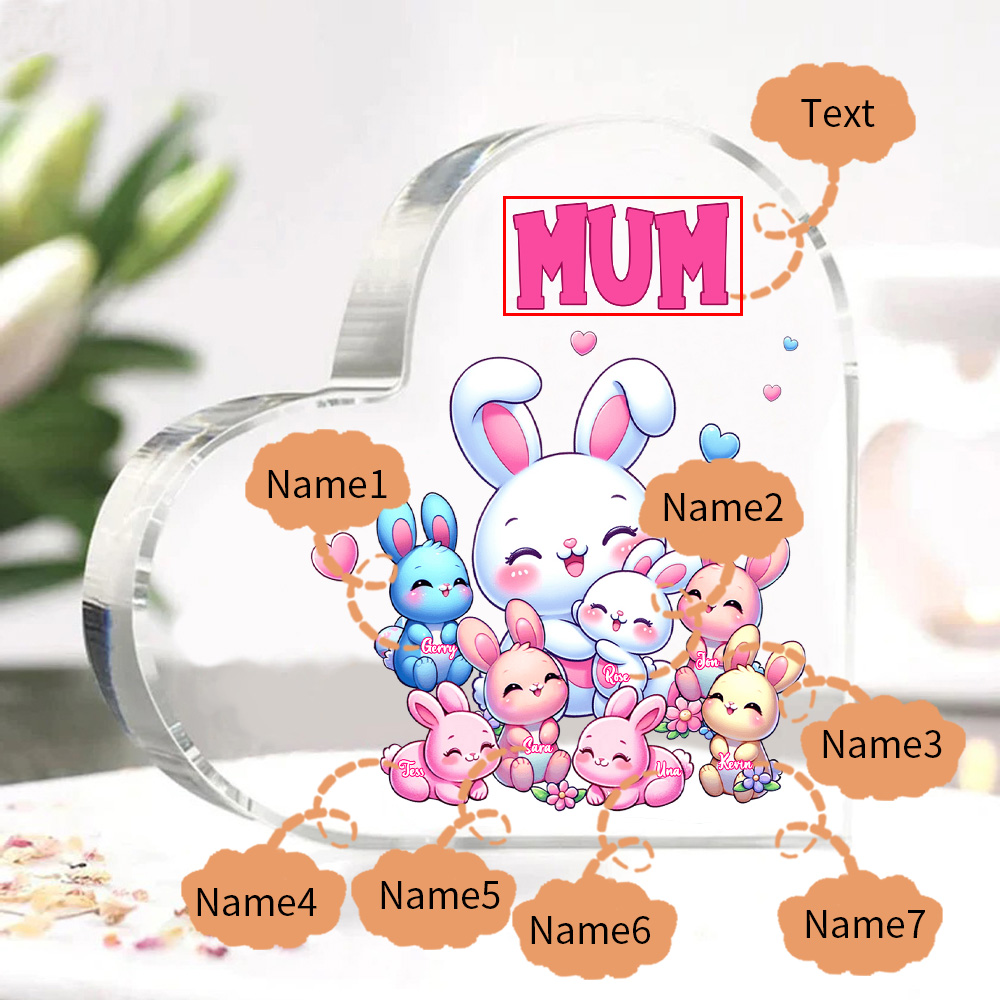 Personalised Text Acrylic Heart Keepsake Custom 7 Names Ornament Bunny Family Gifts For Mother/Grandma-Jessemade AU