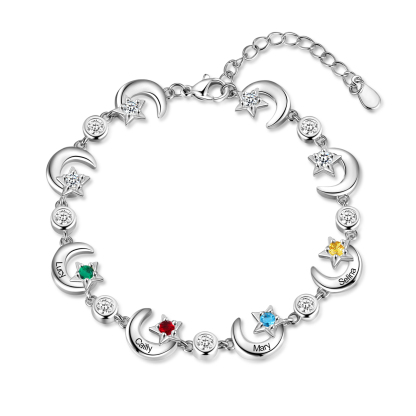 Personalised Moons And Stars Bracelet With 4 Birthstones Custom Names Bracelet Gift For Women-Jessemade AU