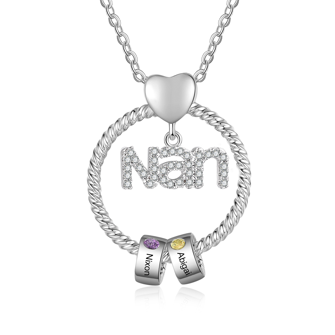 2 Names - Personalised Nan Necklace Custom Names & Birthstones Circle Pendant Necklace Gift for Grandma Nanna