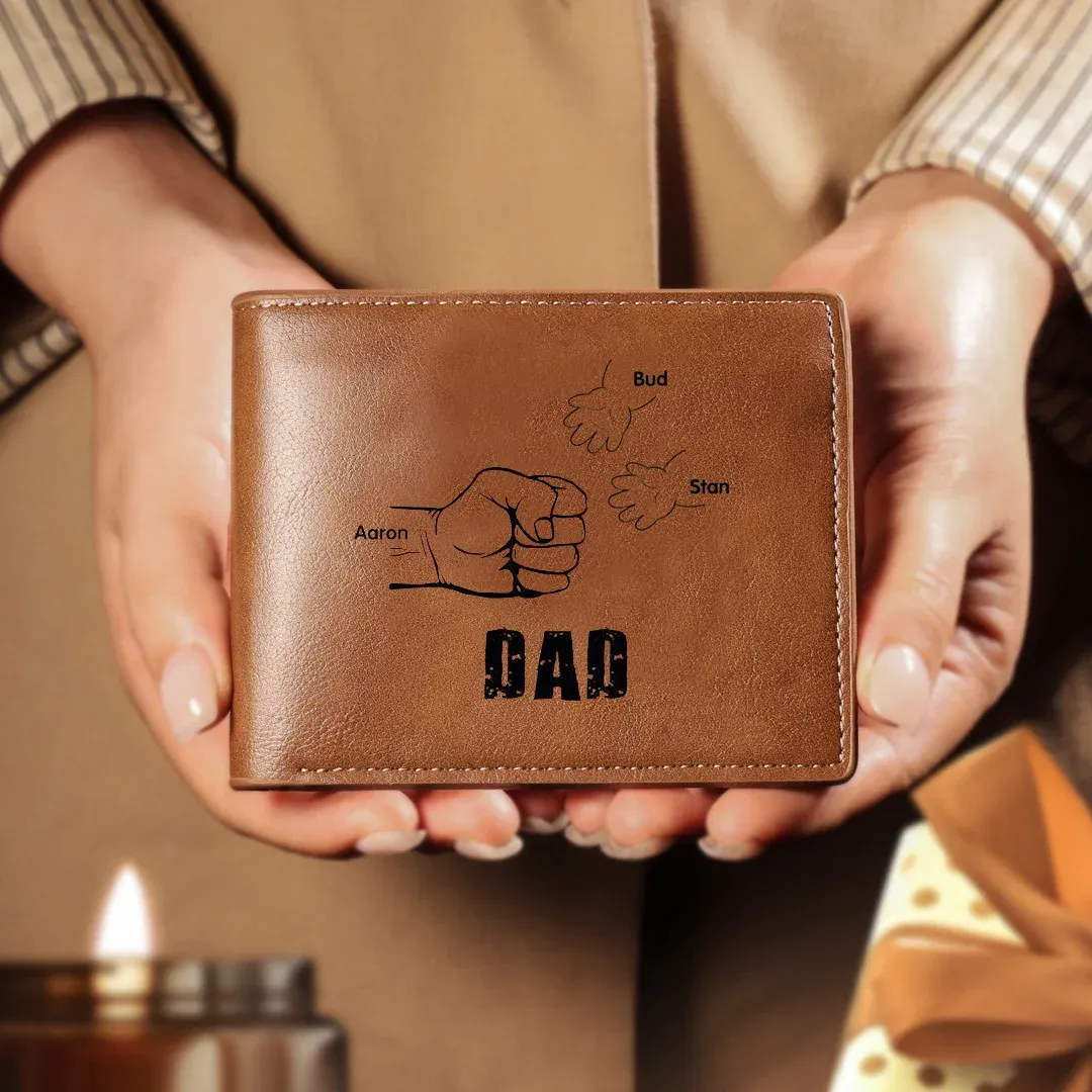 3 Names - Personalised Men Leather Wallet Engraved Names Brown Wallet Fist Bump Folding Wallet Gift For Dad-Jessemade AU