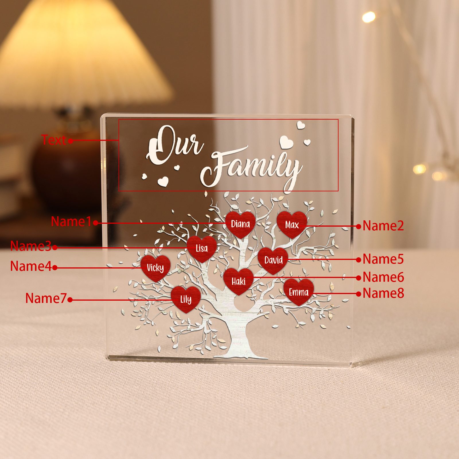 Personalised 8 Names & 1 Text Acrylic Square Keepsake Family Tree Rectangle Plaque Father's Day Gifts for Dad/Mom-Jessemade AU