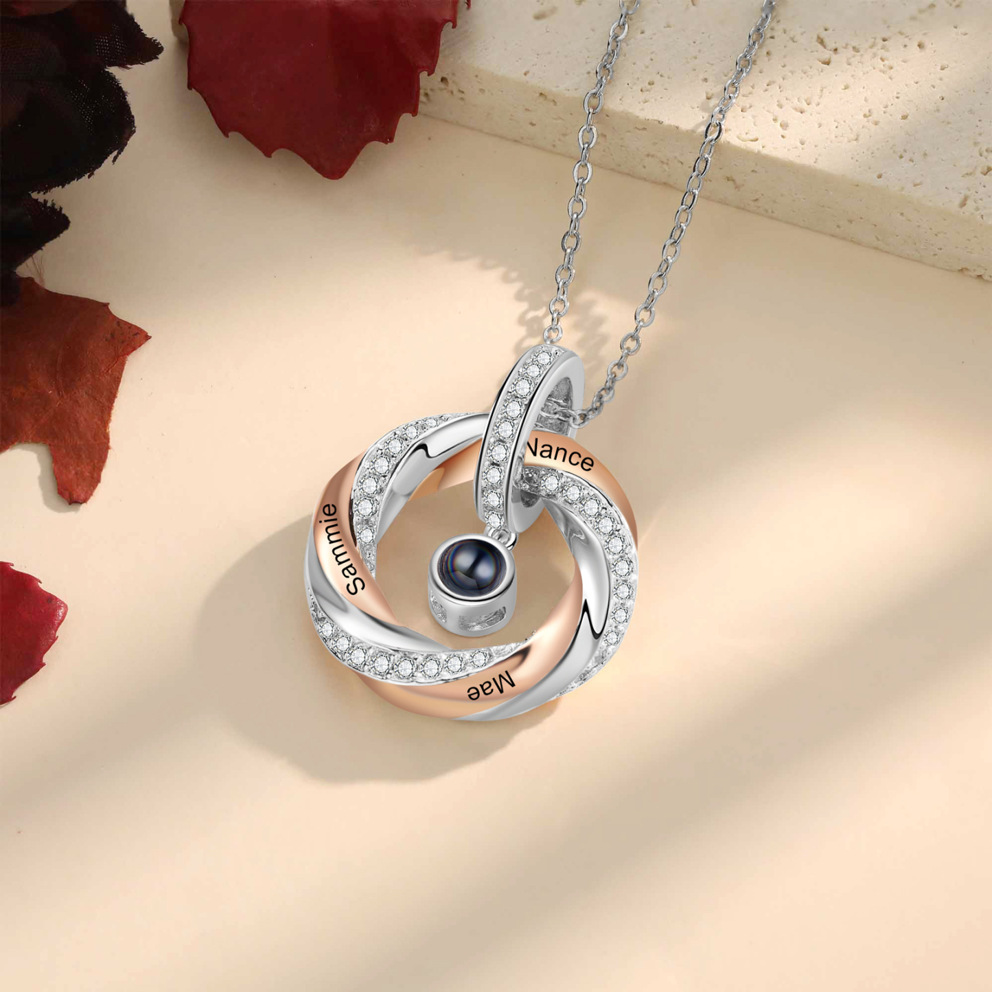 3 Names - Personalised Photo Projection Necklace Custom Name Round Pendant Necklace Gift for Her-Jessemade AU