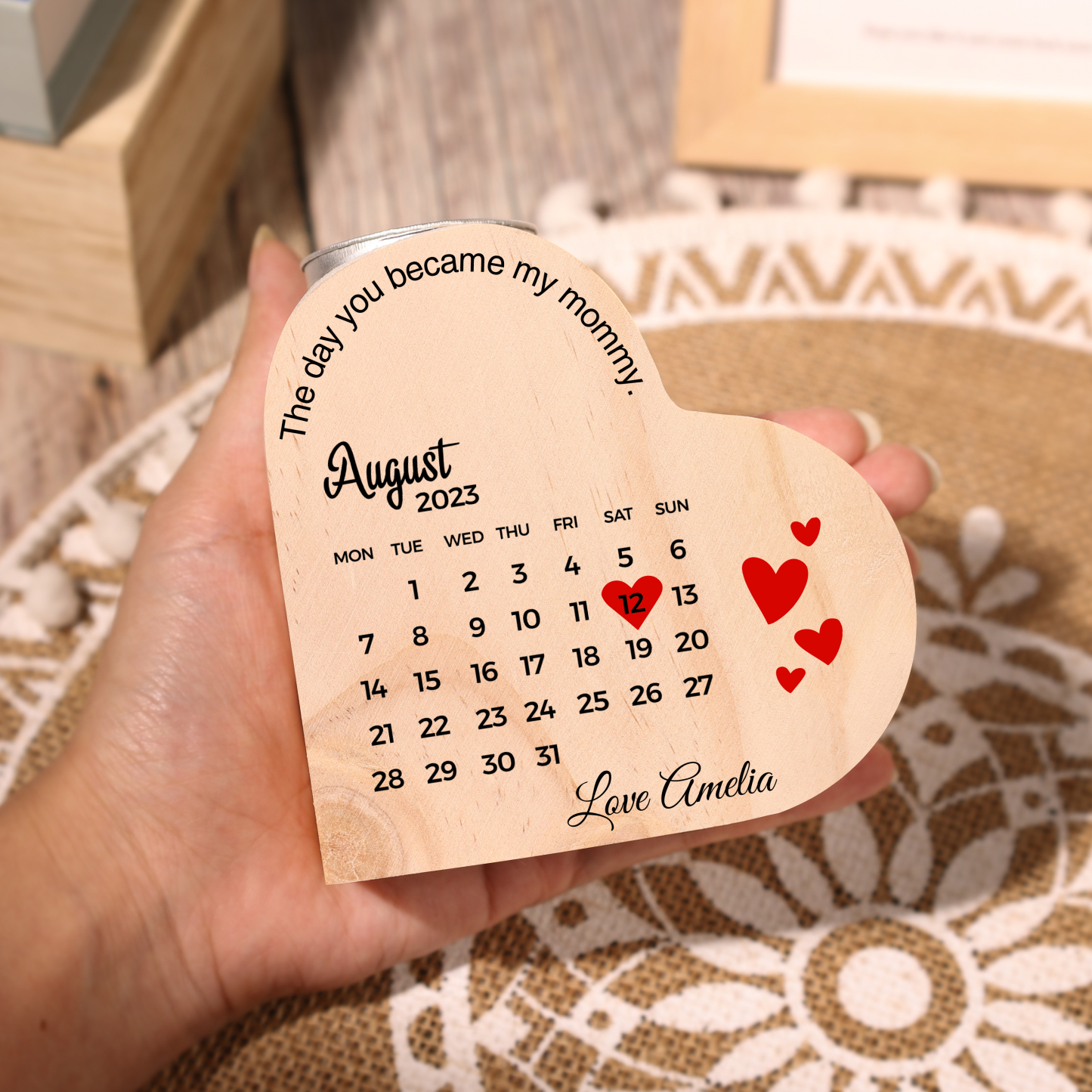 The Day You Became My Mommy Personalised Calendar Heart Candle Holder Wooden Candlestick-Jessemade AU