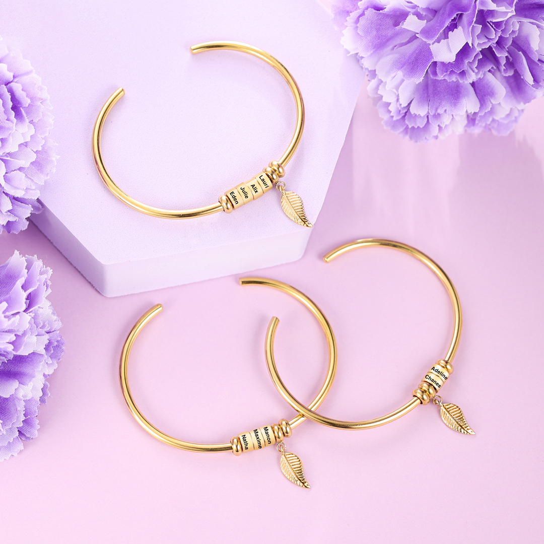 Women Bangle Bracelet with Leaf and Beads Engraved 1 Name Rose Gifts for Mother