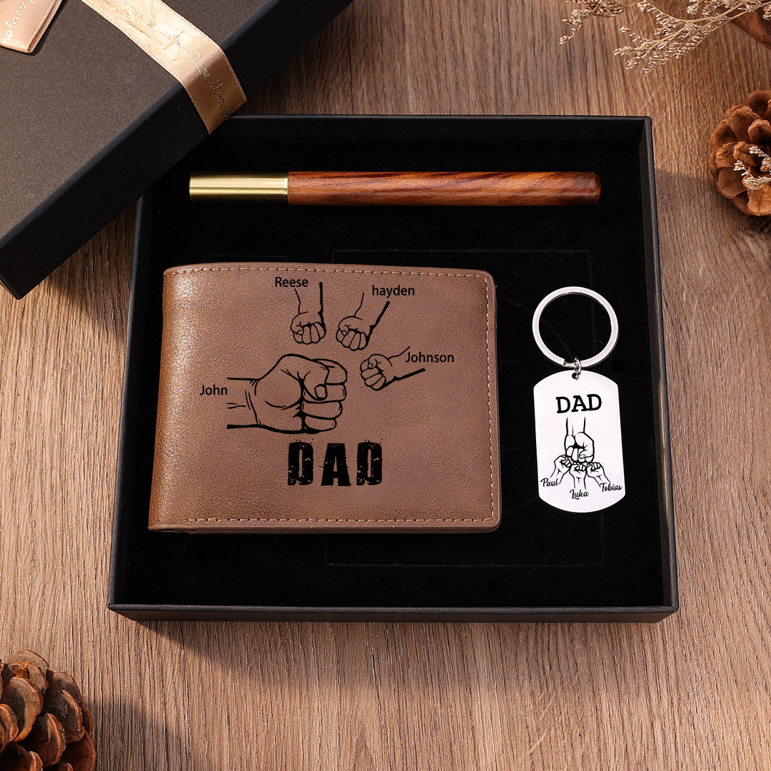 Personalised 7 Names Fist Bump Gift Set Custom Wallet & Keychain & Pen Gift Box Set Father’s Day Gift-Jessemade AU