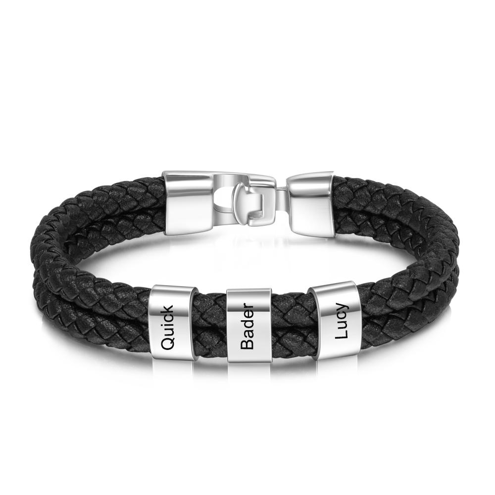 Men Leather Bracelet Personalised with 3 Engraved Beads Custom Two Layers Bracelet-Jessemade AU