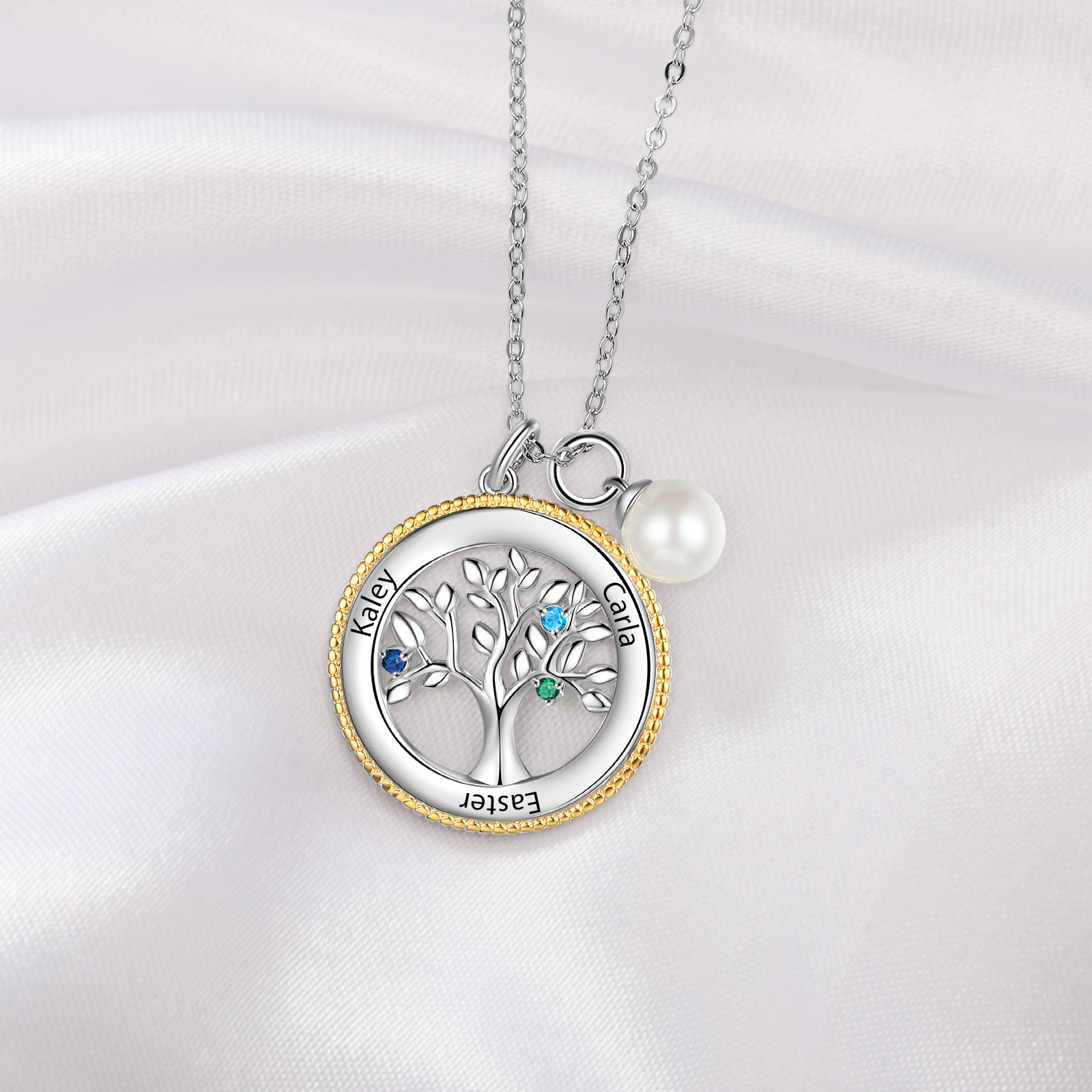 Personalised Family Tree Necklace With 3 Birthstones Engraved Names Necklace Gift For Women-Jessemade AU