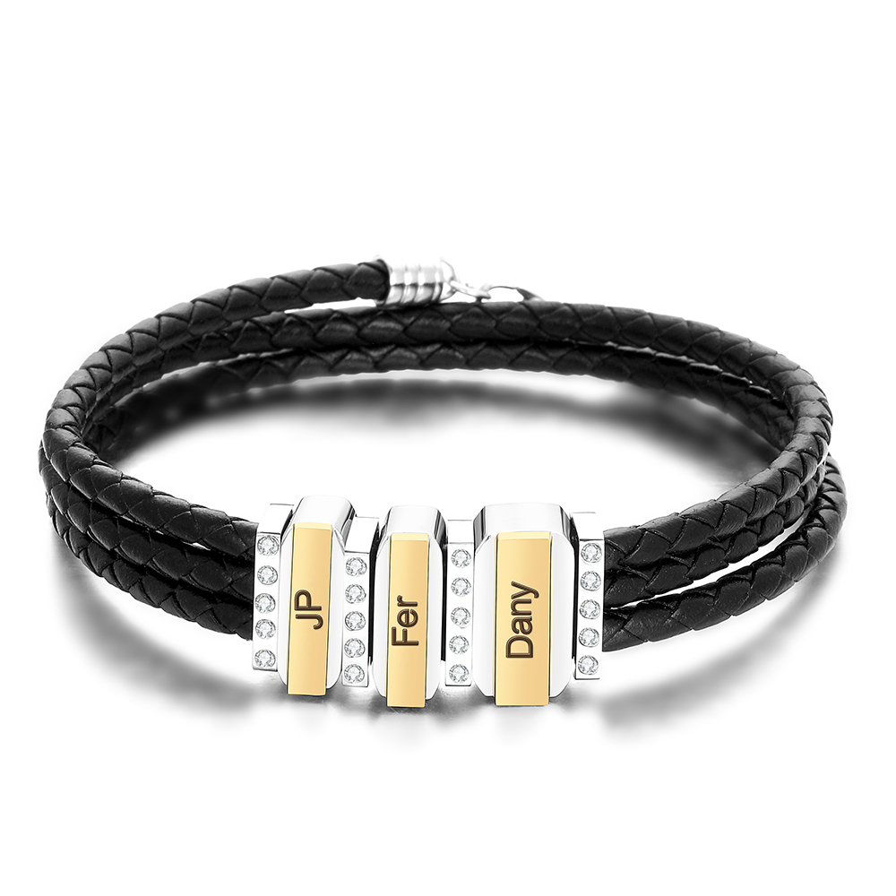Mens Leather Bracelet with Customised Beads Personalised Three Layer Bracelet Engraved 3 Names-Jessemade AU