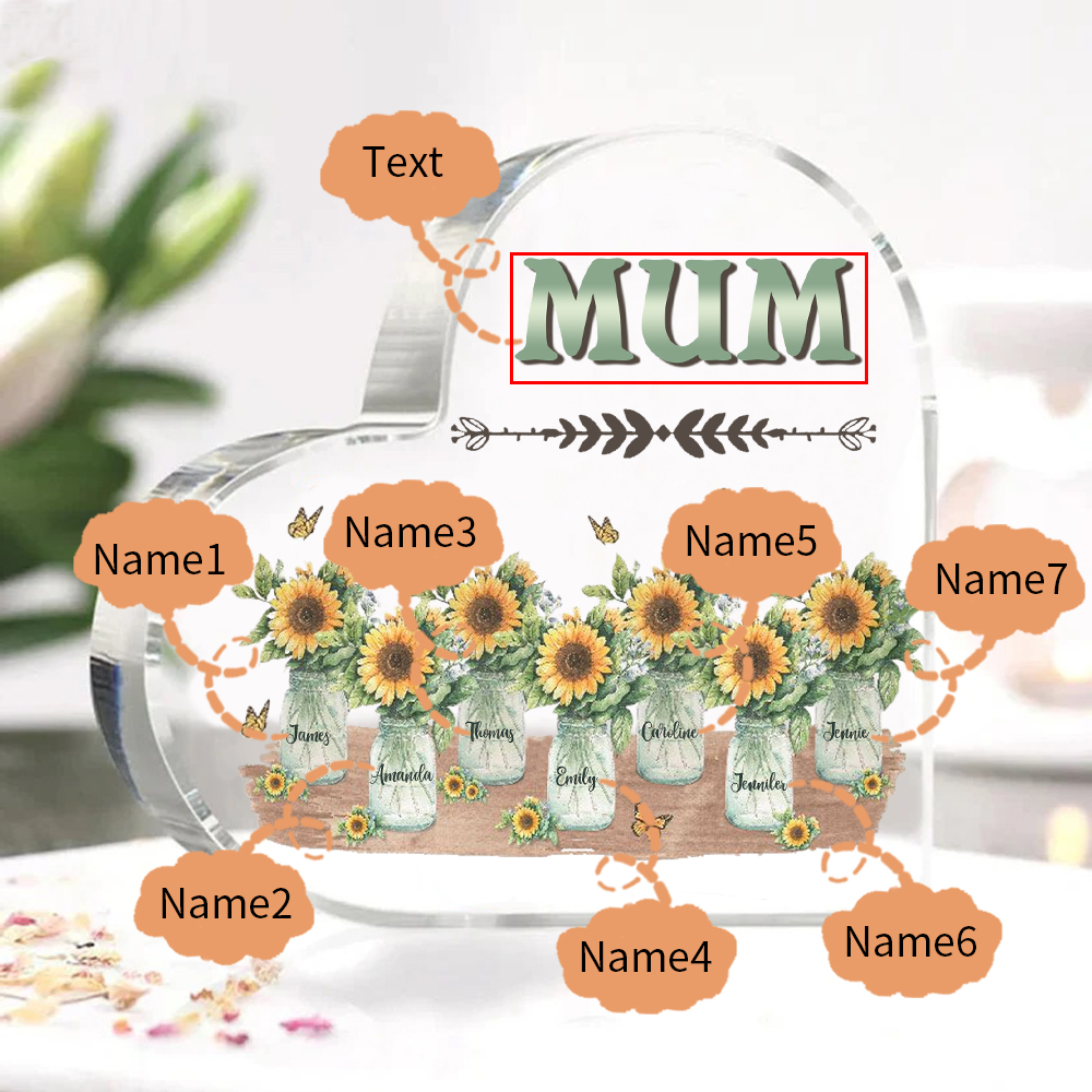 Personalised Acrylic Heart Keepsake Custom 7 Names & 1 Text Sunflower Vase Ornament Gifts for Mother/Grandma-Jessemade AU