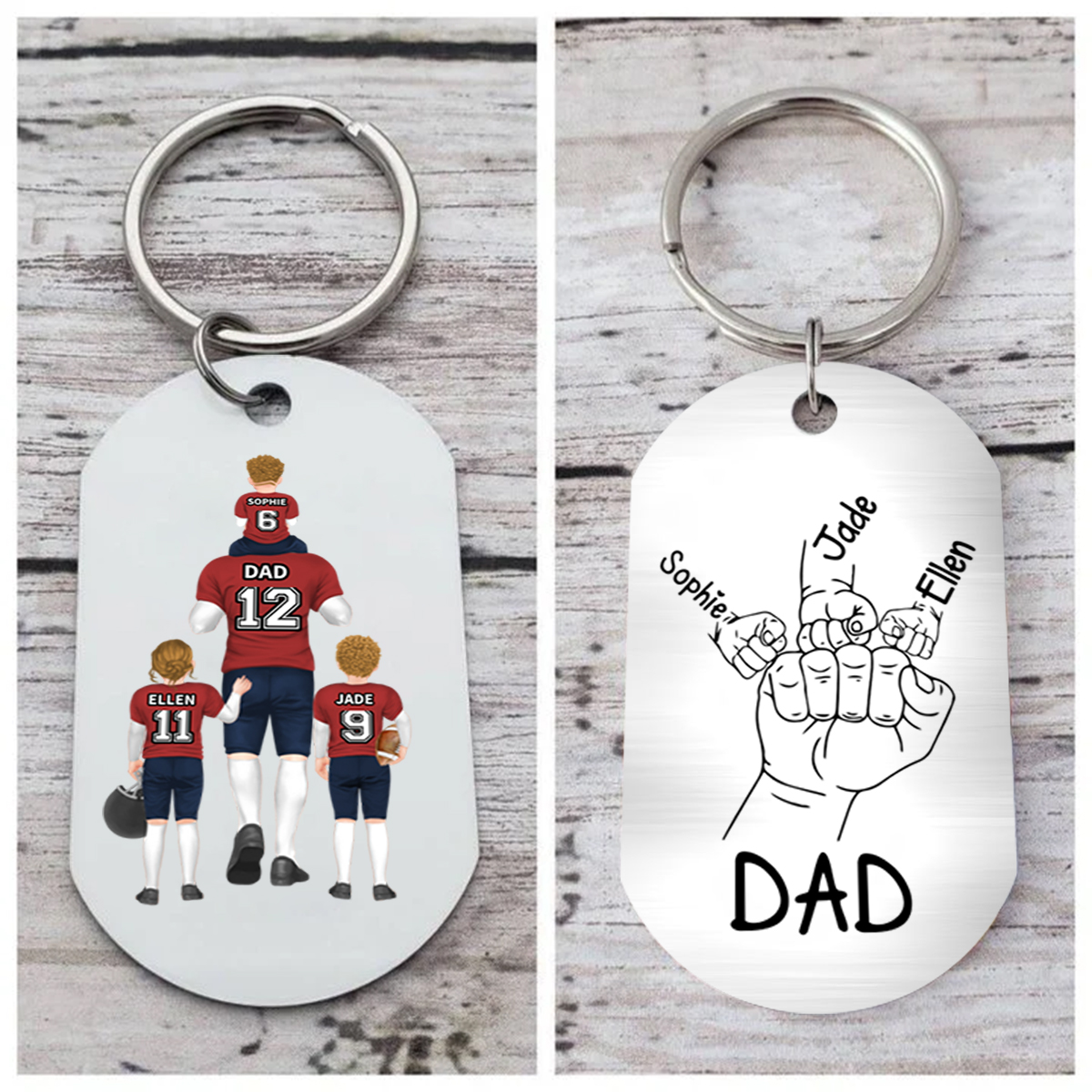 Personalised Text Footy Family Keychain Custom 2–4 Names Fist Bump Keychain Football Rugby Father's Day Gift for Dad/Grandpa