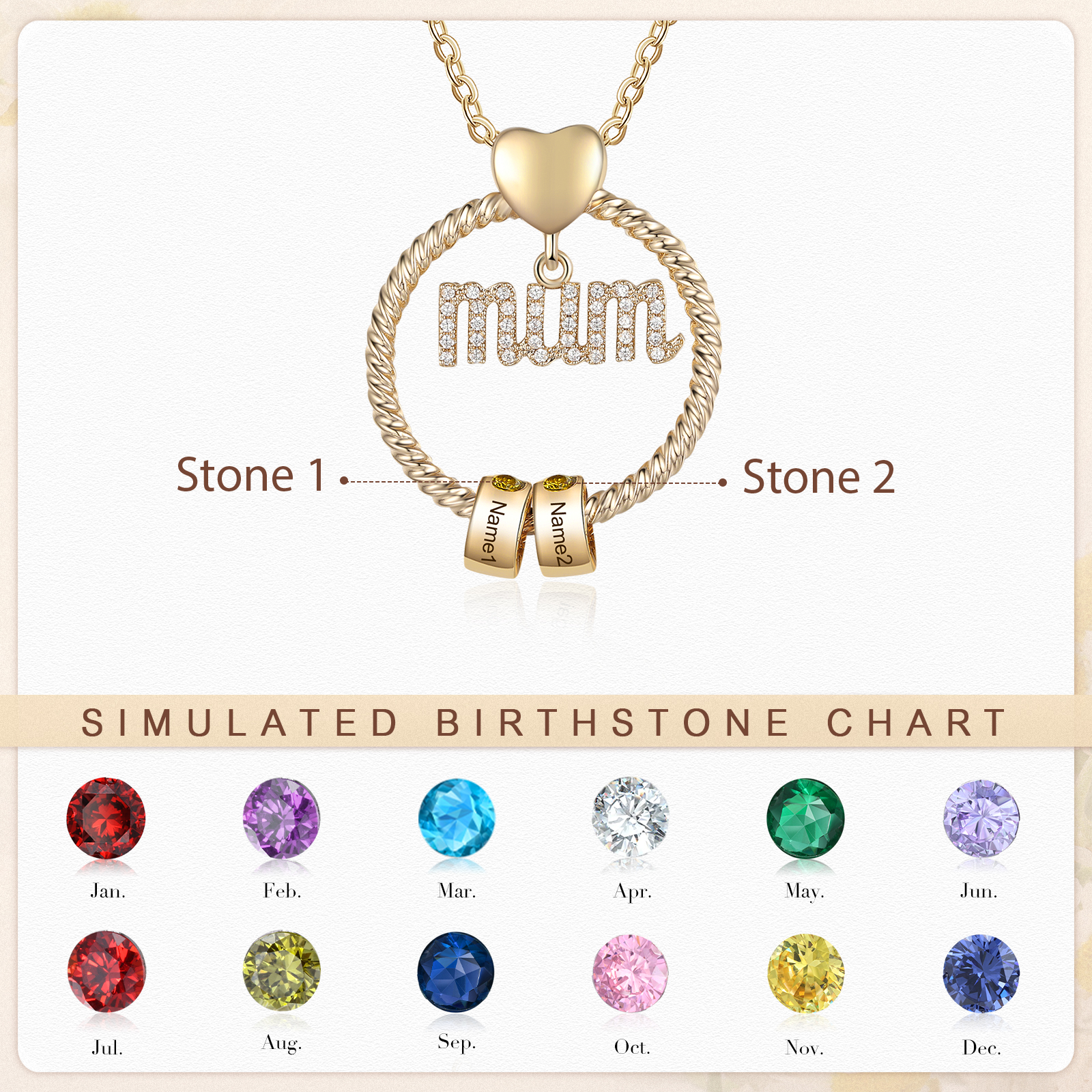2 Names - Personalised Mum Circle Pendant Necklace Custom Names & Birthstones Necklace Gifts For Mum-Jessemade AU
