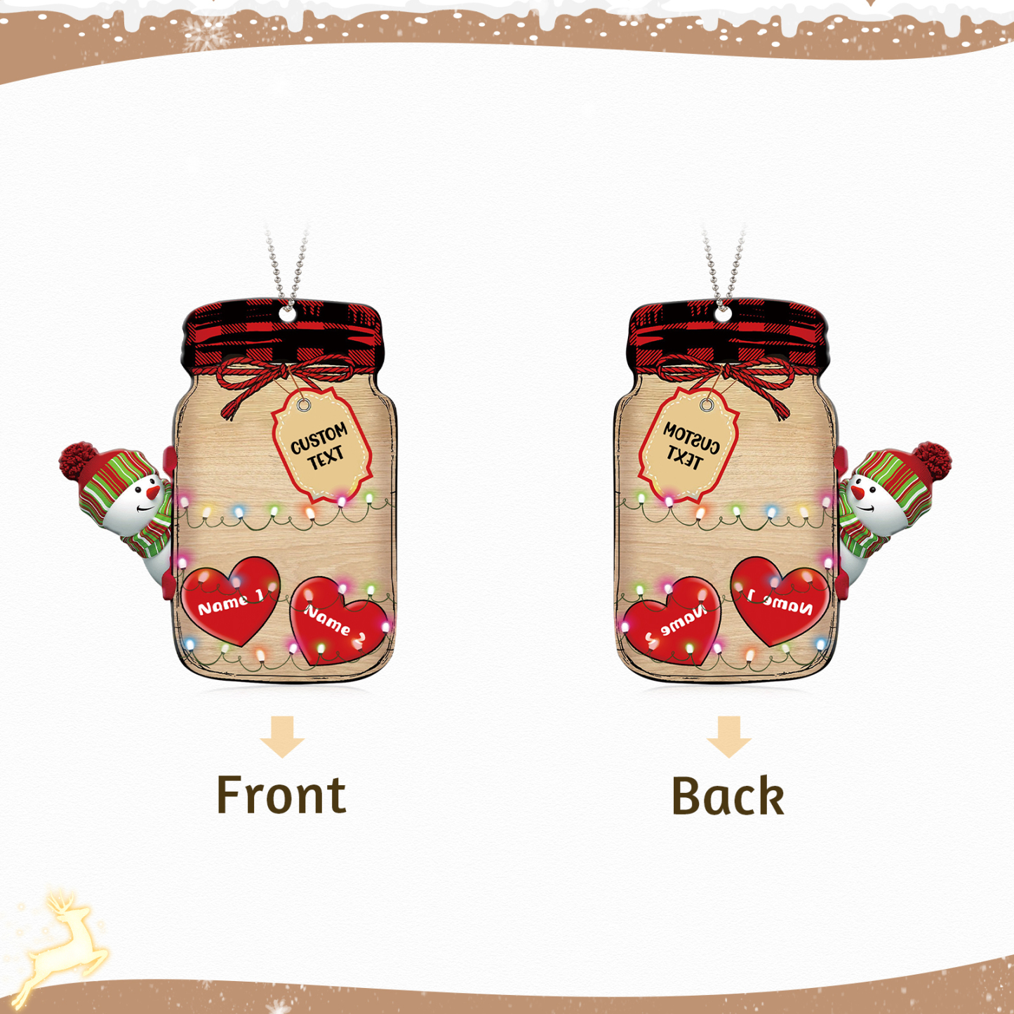 2 Names - Personalised Heart Christmas Ornament Customised Name & Text Acrylic Snowman Hanging Ornaments Jar Gift for Family-Jessemade AU