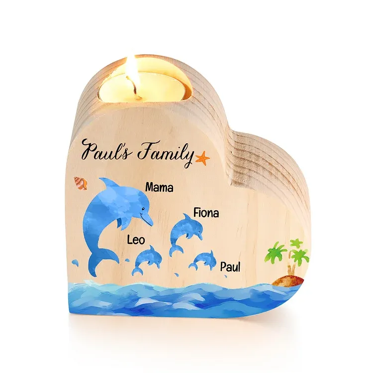 Family Dolphin Heart Candle Holder Personalised Wooden Candlestick Custom 4 Names-Jessemade AU