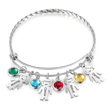 Personalised Kid Charms Bangle Bracelet With Names Customised 4 Birthstones Gift for Her-Jessemade AU