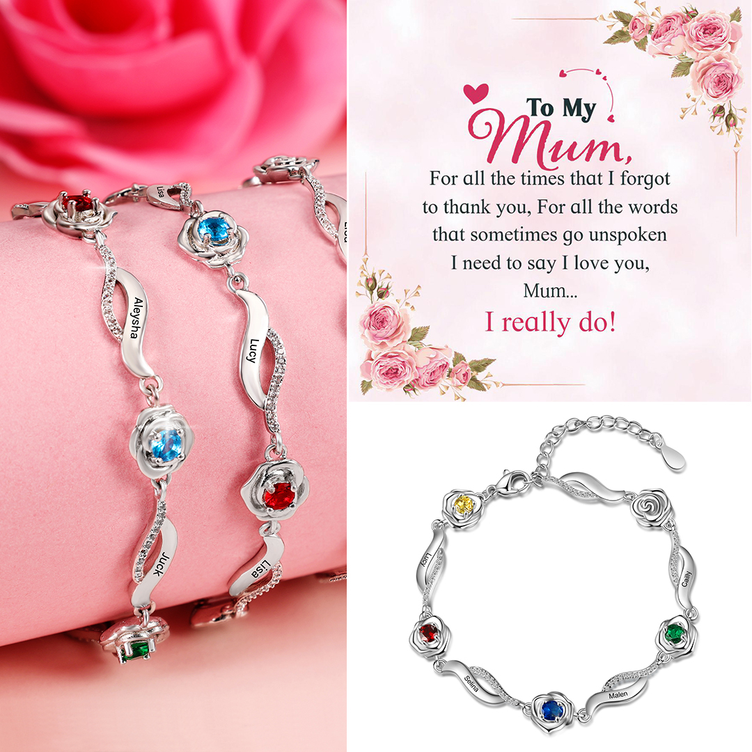 4 Names - Personalised Rose Bracelet Custom Name & Birthstone Adjustable Bracelet Gifts for Her-Jessemade AU