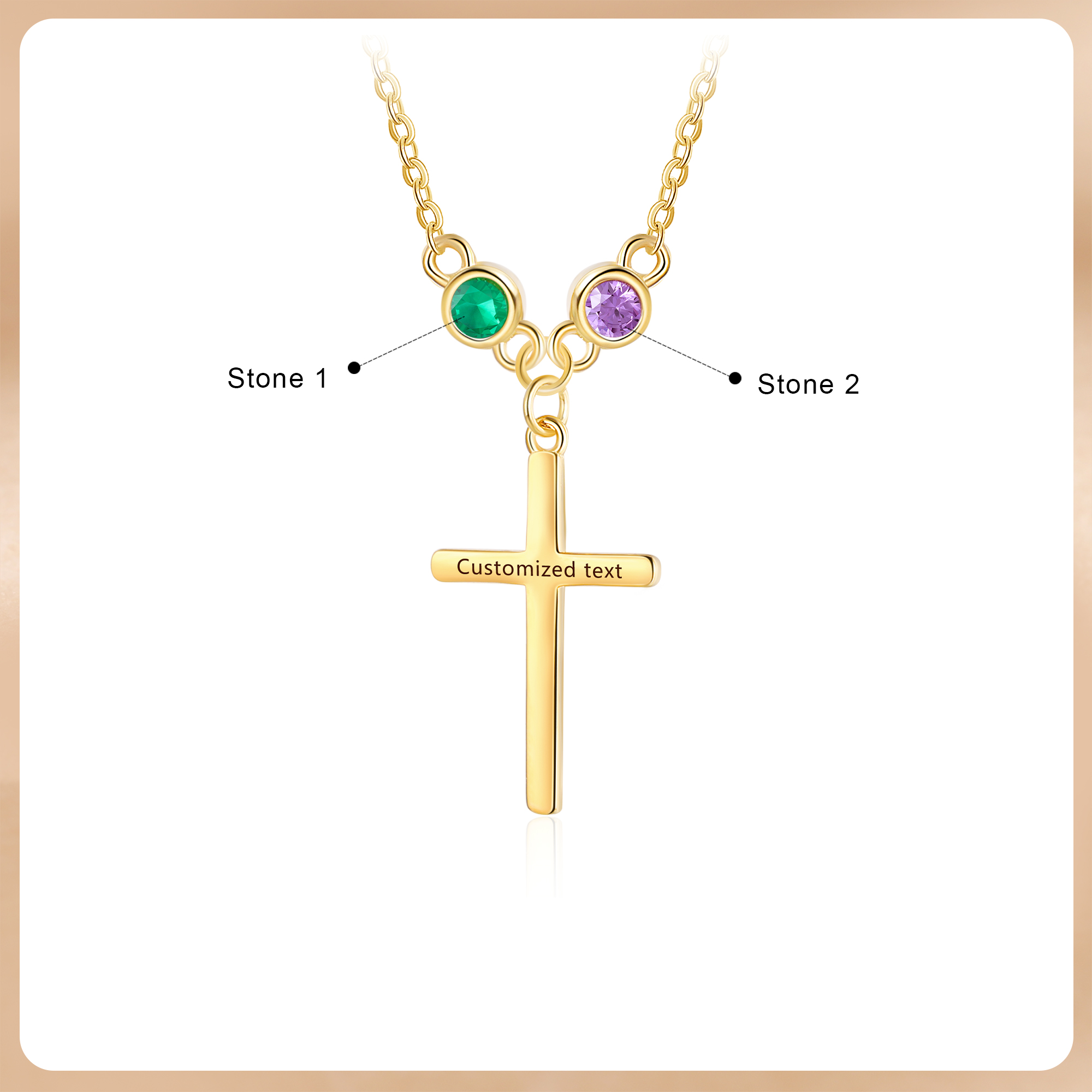 Personalised Cross Pendant Necklace Custom 2 Birthstones & 1 Text Necklace Birthday Gift for Her-Jessemade AU