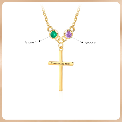 Personalised Cross Pendant Necklace Custom 2 Birthstones & 1 Text Necklace Birthday Gift for Her-Jessemade AU